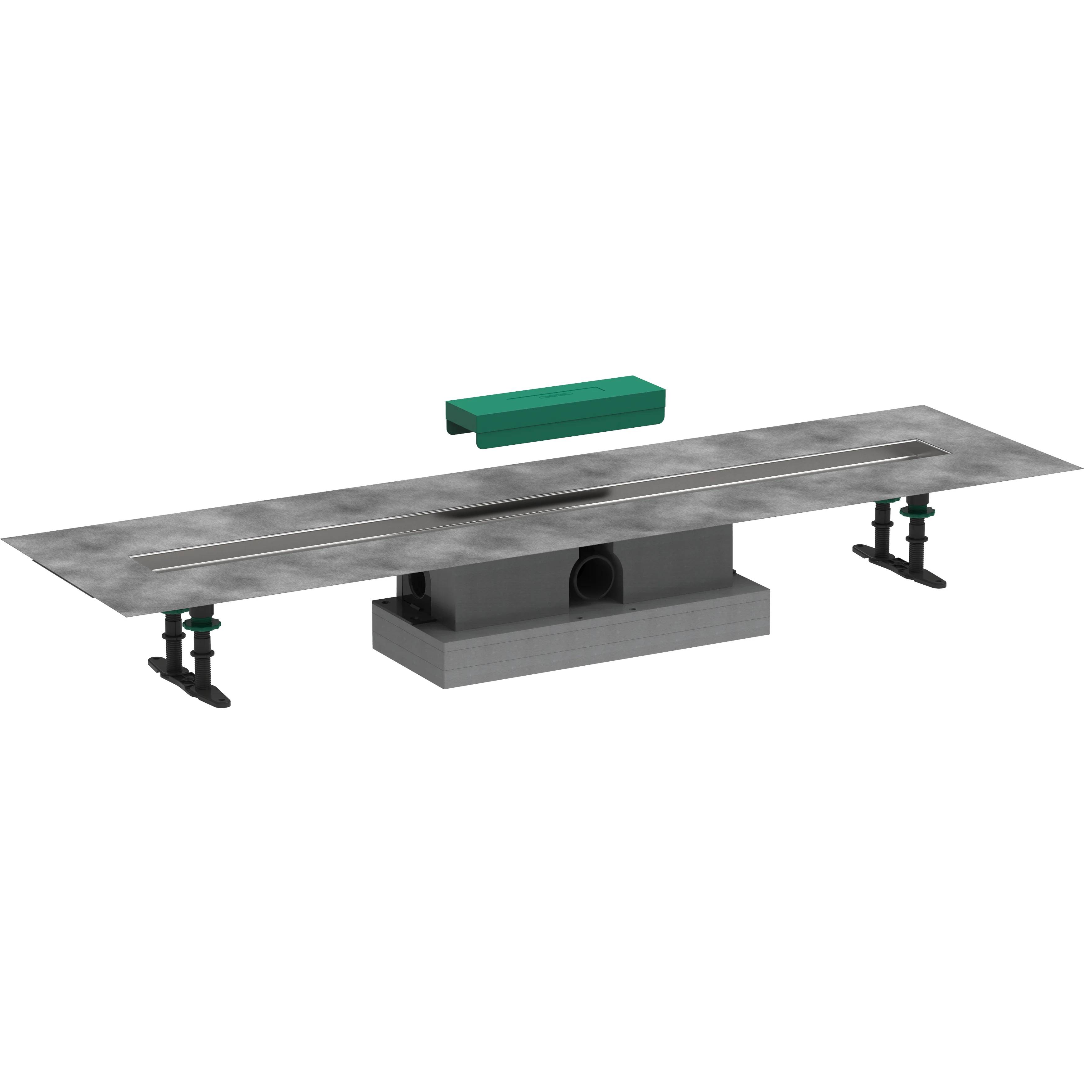 3D-Ingenieursdarstellung einer Brückendehnungsfugen-Baugruppe mit Metalldeckplatten, zentralem Stützgehäuse und Enkankerbolzen auf weißem Hintergrund