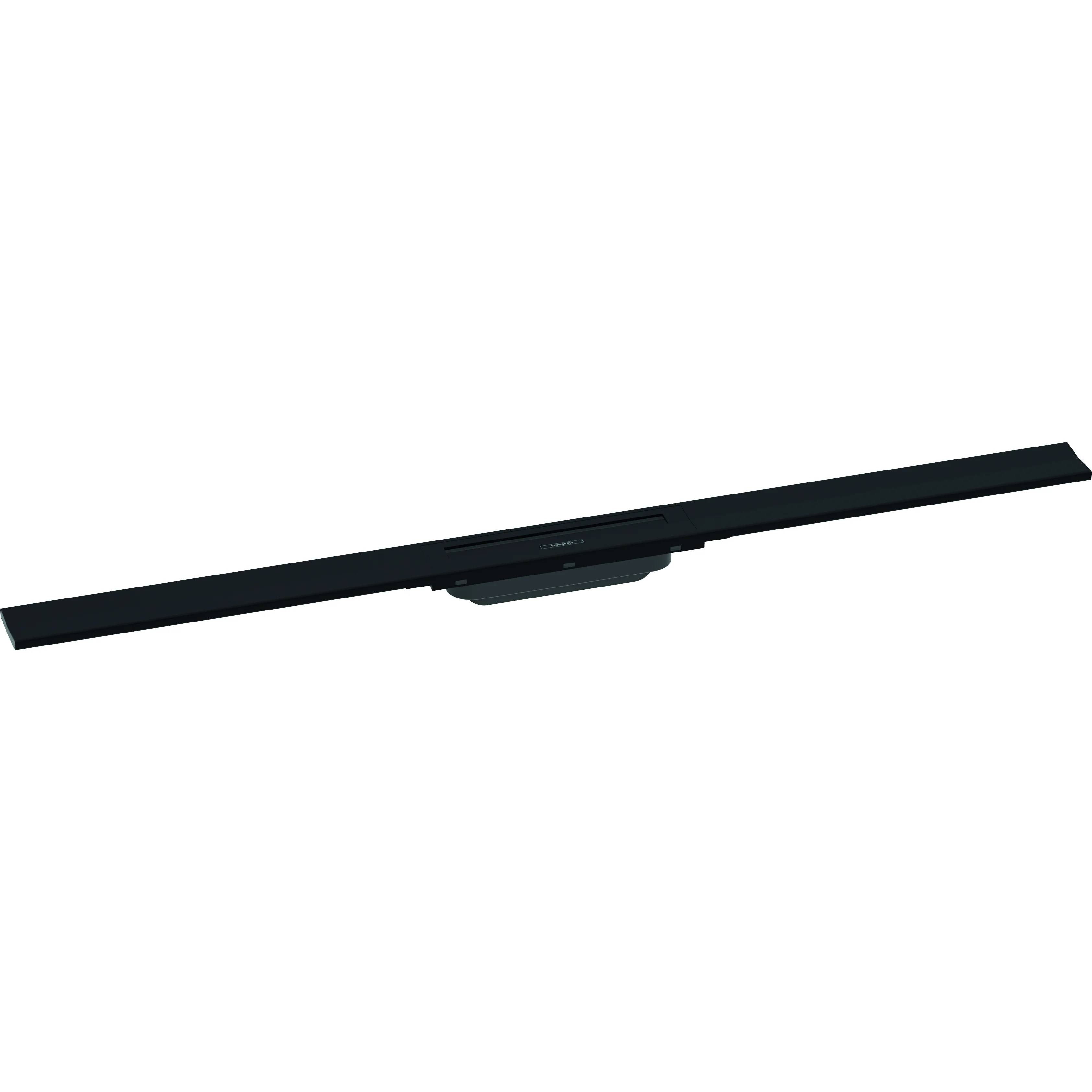 Ein eleganter schwarzer Soundbar-ähnlicher Lautsprecher, der auf einem einfachen weißen Hintergrund gezeigt wird und leicht nach oben geneigt ist.