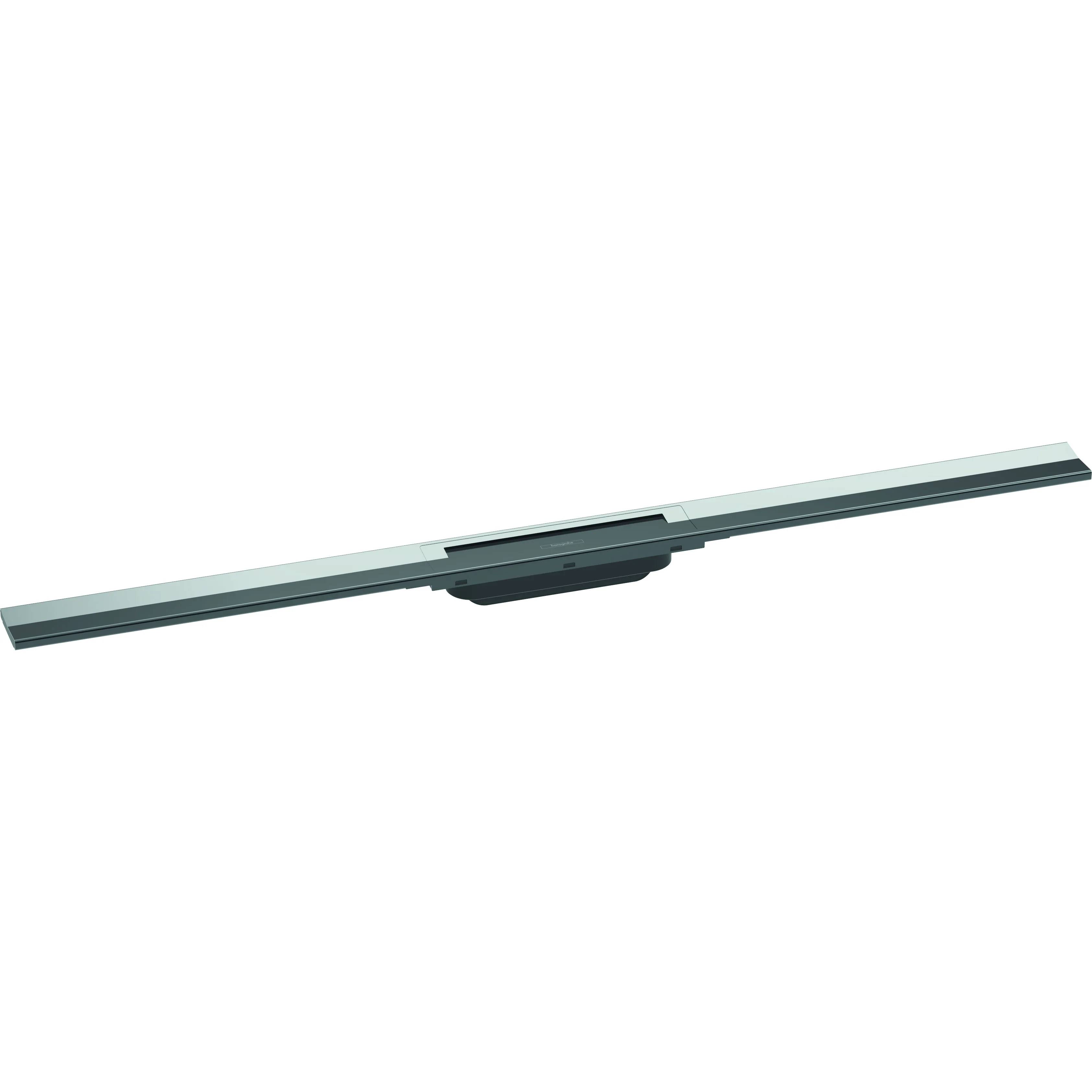 Ein langer metallischer linearer Stab mit einer zentralen dunklen Halterung, diagonal auf einem einfachen weißen Hintergrund dargestellt.