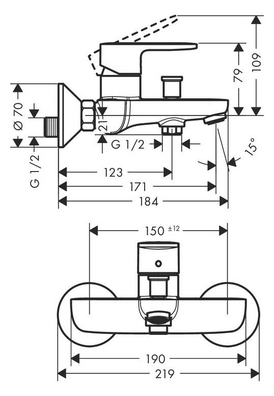 Technische Zeichnung eines wandmontierten Badarmaturen mit Seiten- und Frontansicht mit Abmessungen in Millimetern und G 1/2-Anschlüssen gekennzeichnet.