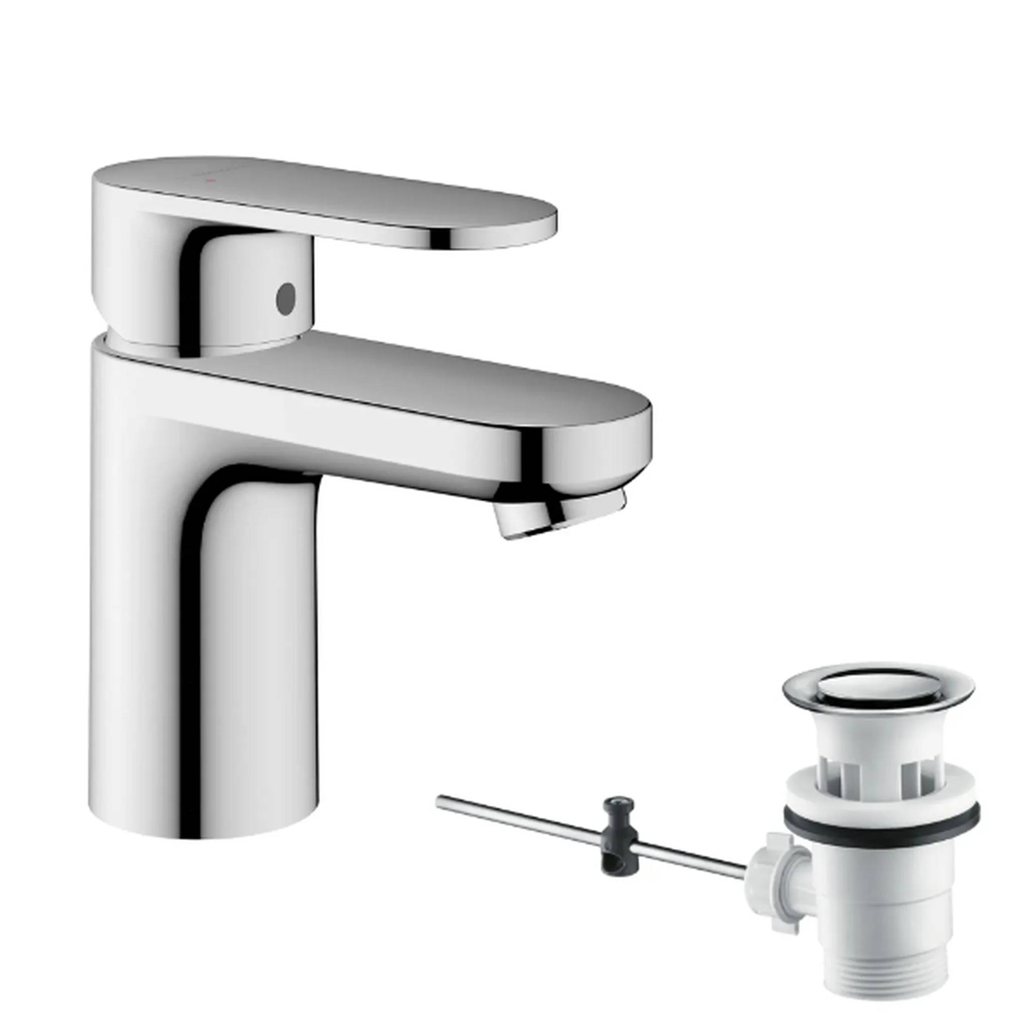 Chrome-Wasserhahn für das Badezimmer mit passendem Ablassgitter auf weißem Hintergrund.