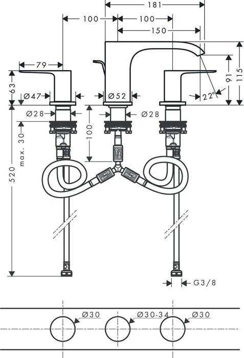 hansgrohe HG 3-Loch-Waschtischarmatur VIVENIS 90 m