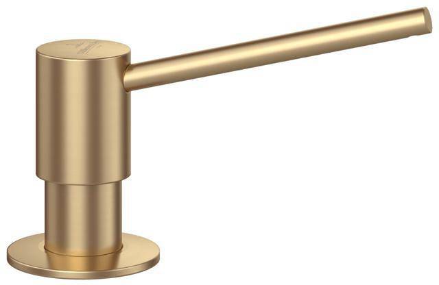 Ein schlanker, moderner Wasserhahn-Griff in Gold mit einer zylindrischen Basis und einem gestreckten Hebel, der ein minimalistisches Design präsentiert.