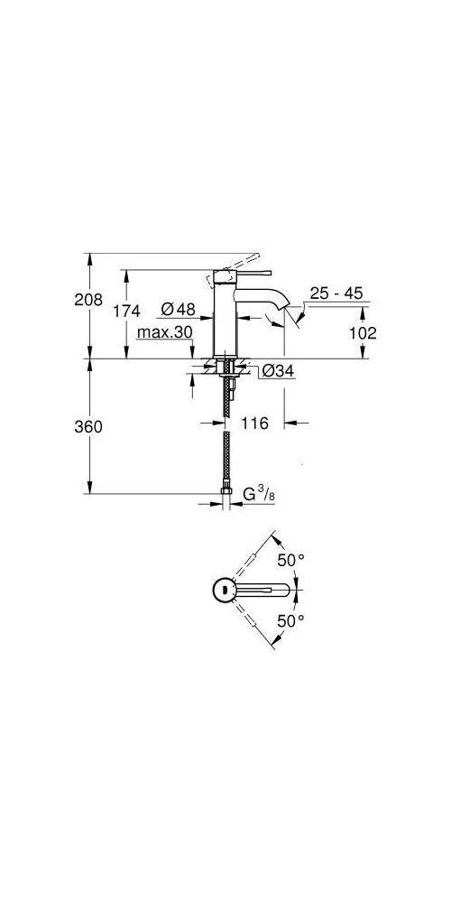 Technische Zeichnung eines Wasserhahns oder Ventils in Seitenansicht mit Abmessungen, einschließlich 208, 360, Ø48 max.30, Ø34, G 3/8 und 50°-Winkeln.