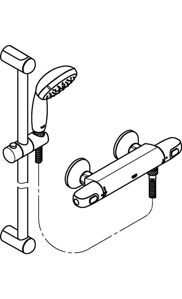 Diagramm eines tragbaren Duschkopfes auf einer vertikalen Schiene, die über einen Schlauch mit einer an der Wand befestigten Halterung verbunden ist, zeigt verstellbares Duschzubehör.