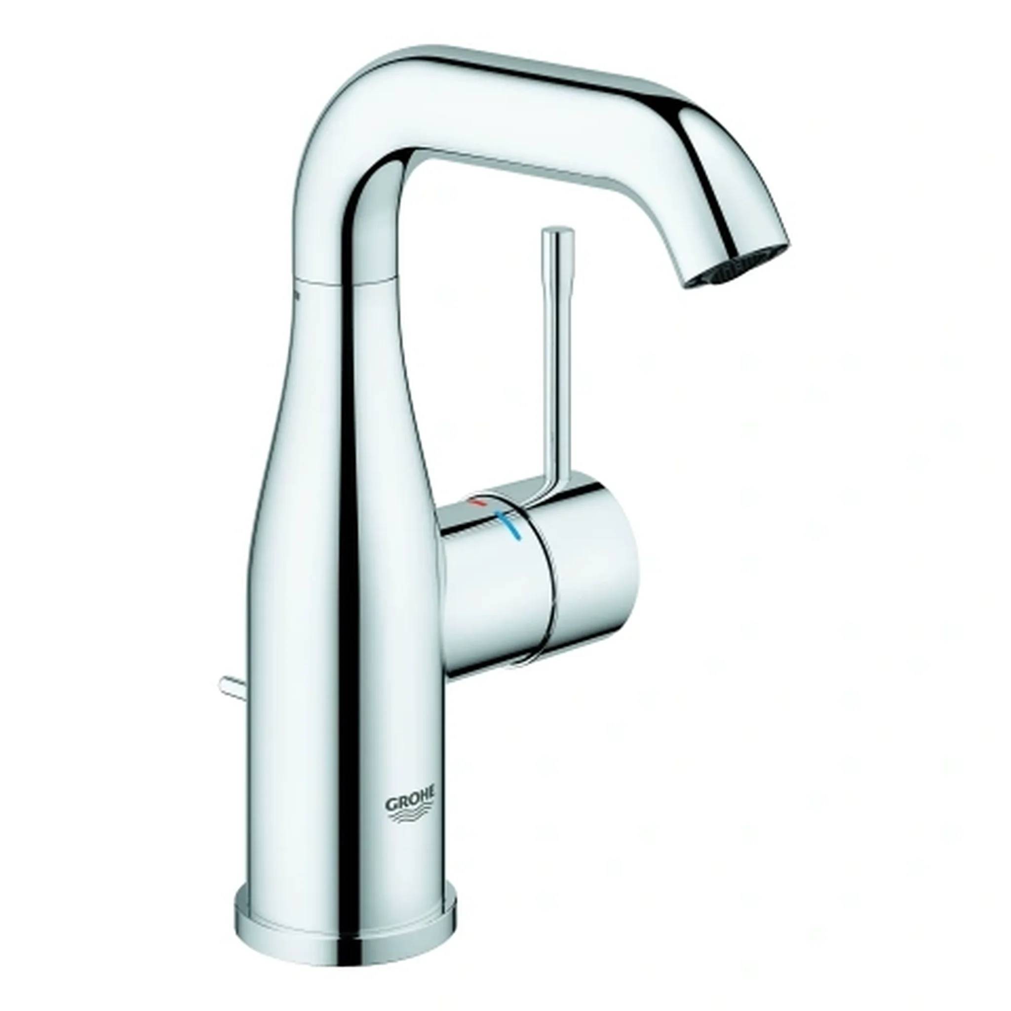 Chrom-Einhebel-Wasserhahn für das Badezimmer mit hochgebogenem Auslauf und Seitenhebel, dargestellt vor weißem Hintergrund.