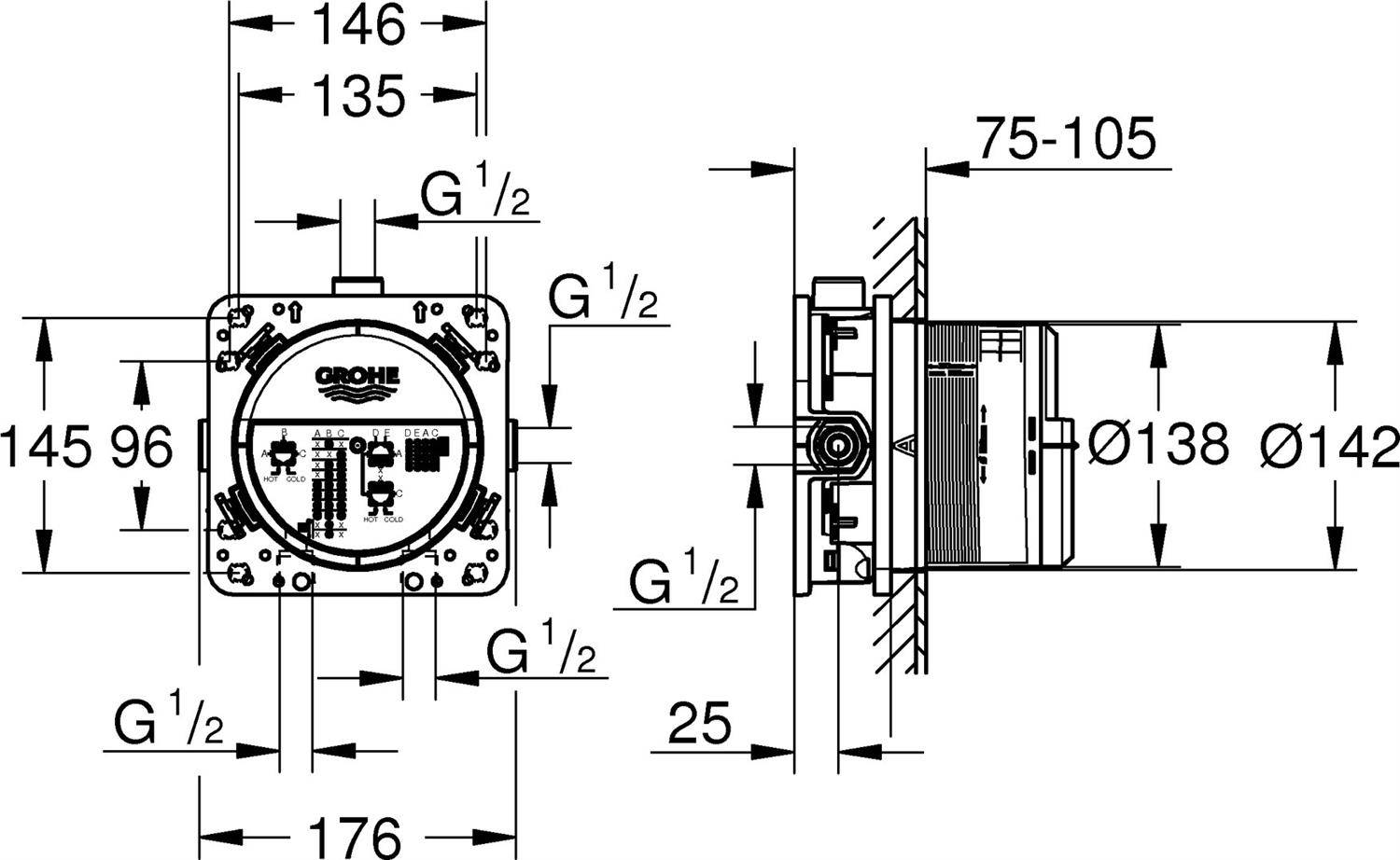 Technische Maßzeichnung einer wandmontierten Grohe-Armatur, zeigt Front- und Seitenansicht mit Abmessungen und G 1/2 Anschlüssen.