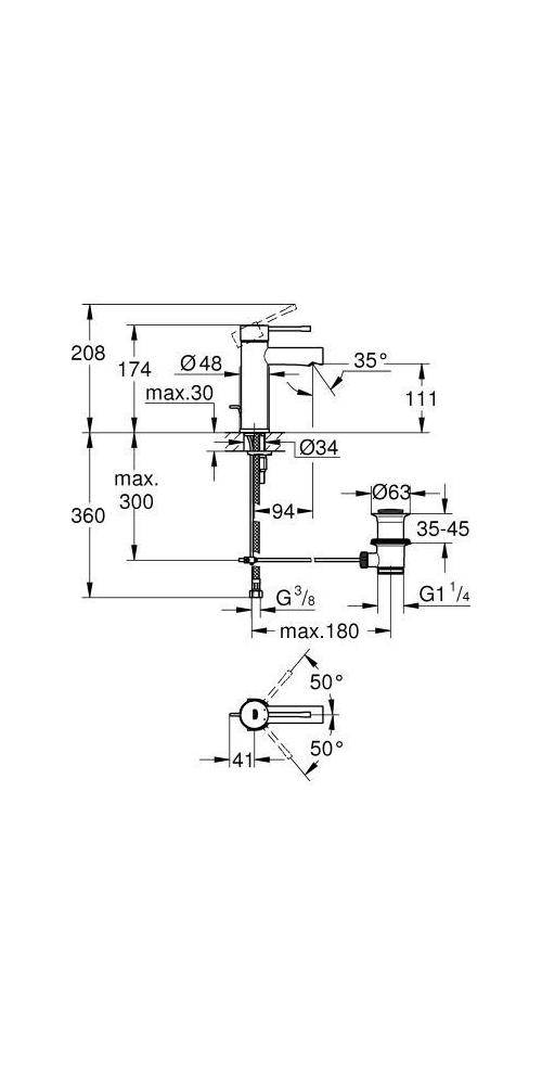 Technisches Installationsdiagramm einer Spülbeckenbatterie mit Seiten- und Draufsicht einschließlich Abmessungen, Winkel und Rohranschlussbezeichnungen.