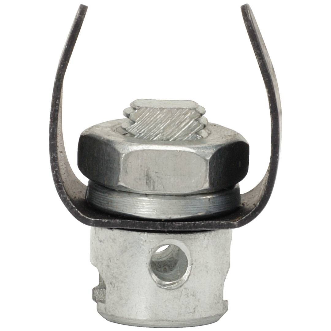 Nahaufnahme einer Metallkabelschelle oder Drahtseildose mit einem U-förmigen Bolzen, einer Sechskantmutter und einem gerillten Sattel auf weißem Hintergrund.