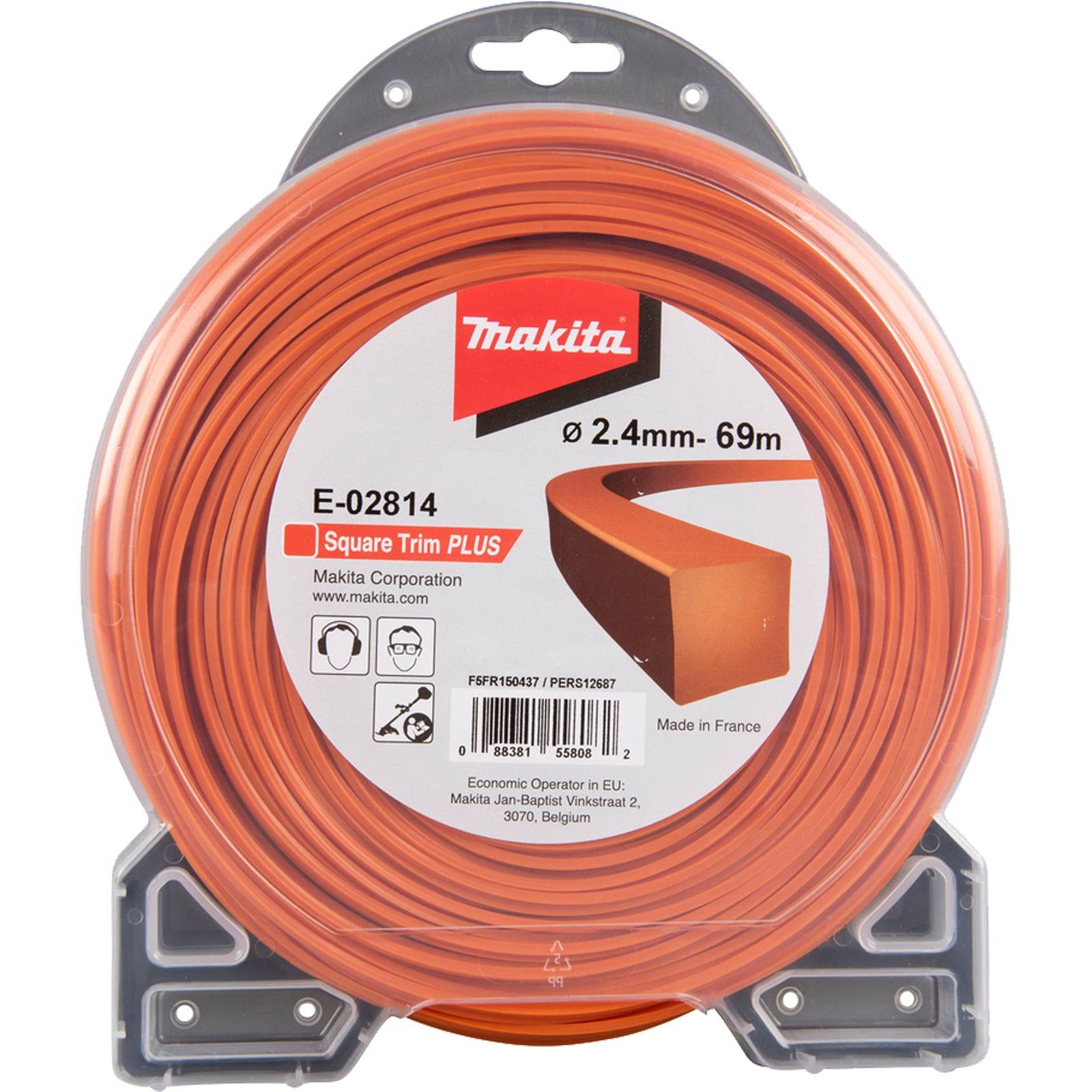 Orange Trimmerfadenschnur mit der Aufschrift 'Makita Quadrat Trim PLUS', 2,4 mm Durchmesser, 69 m Länge. Hergestellt in Frankreich, mit Produkt- und Unternehmensinformationen.
