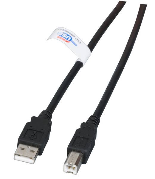 USB 2.0 Stecker-auf-Mini-B-Adapterkabel mit zwei Anschlüssen und einer Kompatibilitätskennzeichnung zum Verbinden von Geräten.