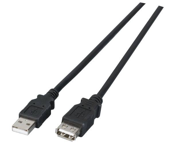 Ein USB-Verlängerungskabel mit einem männlichen USB-Stecker auf der einen Seite und einem weiblichen USB-Stecker auf der anderen Seite, das verwendet wird, um USB-Verbindungen zu verlängern.