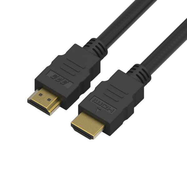 Zwei schwarze HDMI-Kabel mit vergoldeten Anschlüssen, beschriftet mit 'HDMI' und 'DEB.' Die Kabel sind nebeneinander vor einem einfarbigen Hintergrund zu sehen.