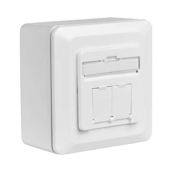 Datendose Cat.6A 500MHz oben/unten -- Aufputz, 2xRJ45, RAL9010 Kupferverkabelung Netzwerkdose