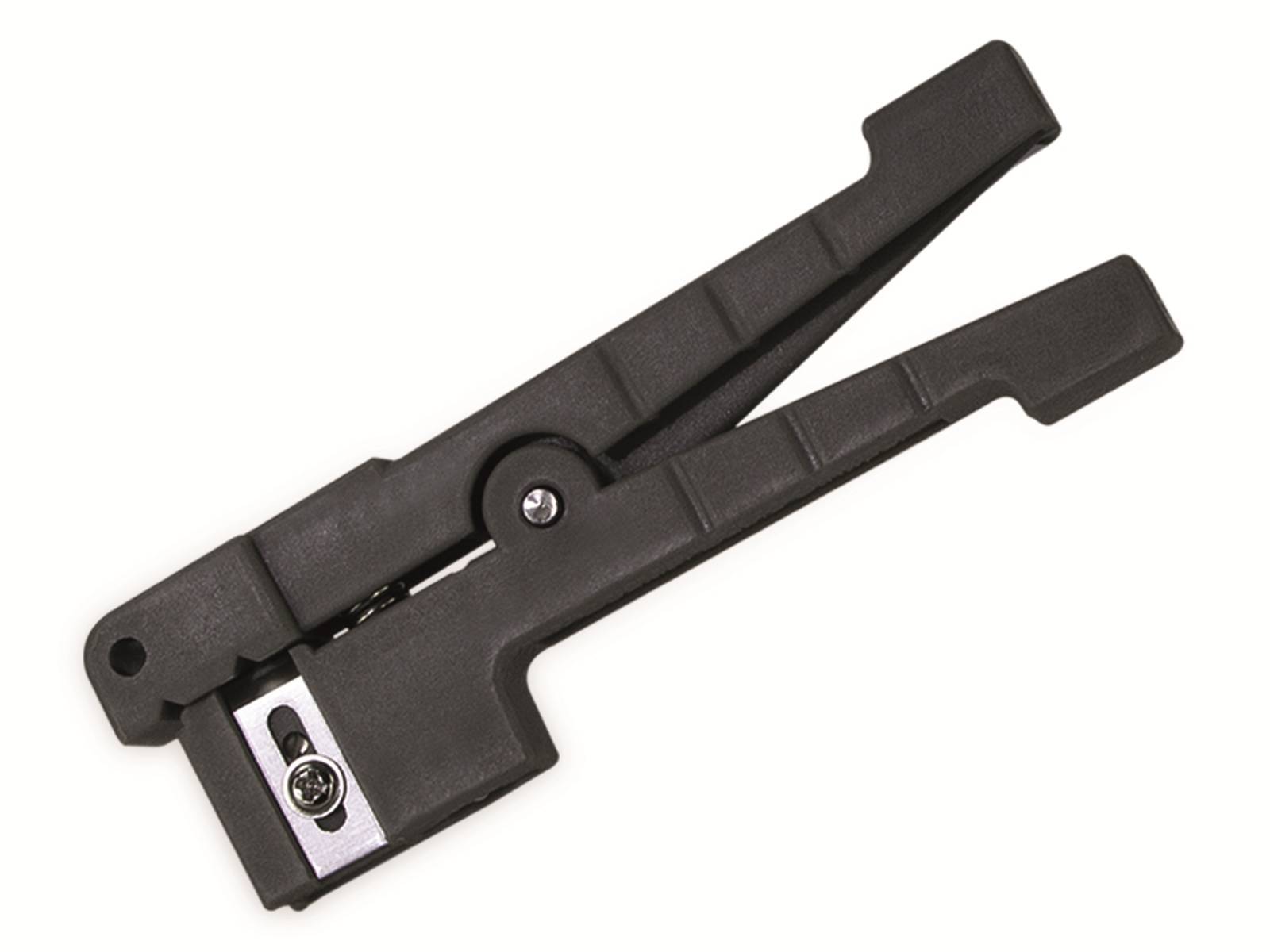 Schwarze Kabelbinderzange auf weißem Hintergrund.