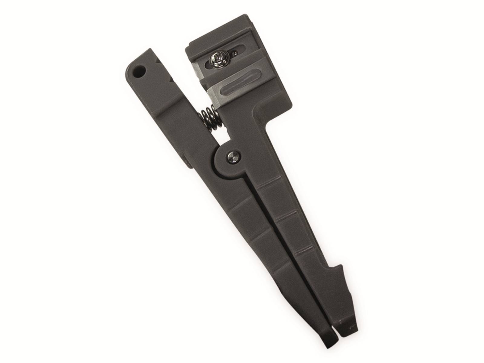 Eine schwarze Metallklemme mit einer Federscharnier, ausgestattet mit einem gerillten Griff und einem kleinen Loch an einem Ende.