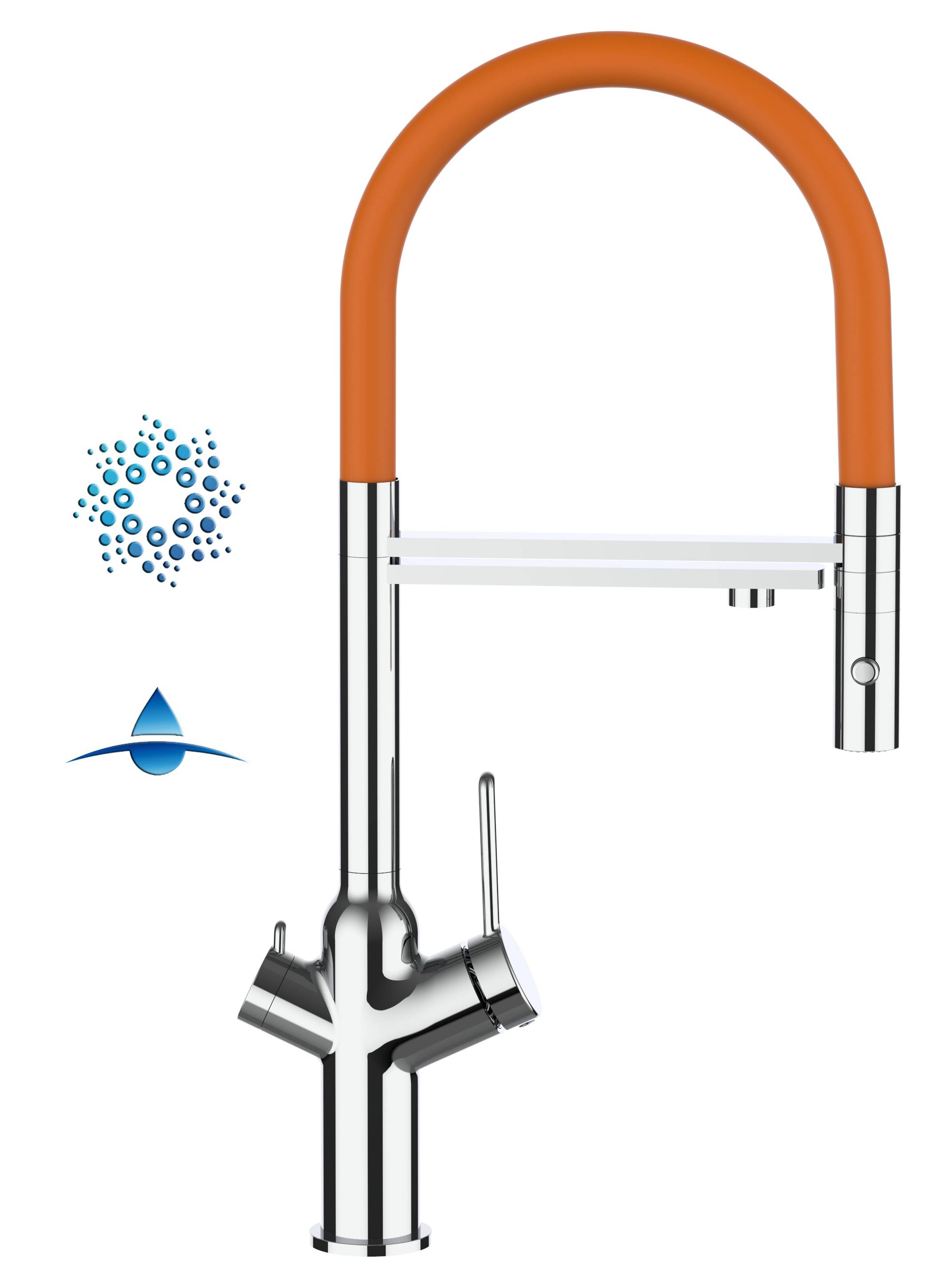 4 Wege Wasserhahn Küche Spültischarmatur chrom Küchenarmatur mit orange 360° schwenkbarem Auslauf und abnehmbare 2 strahl Handbrause - BOD Design