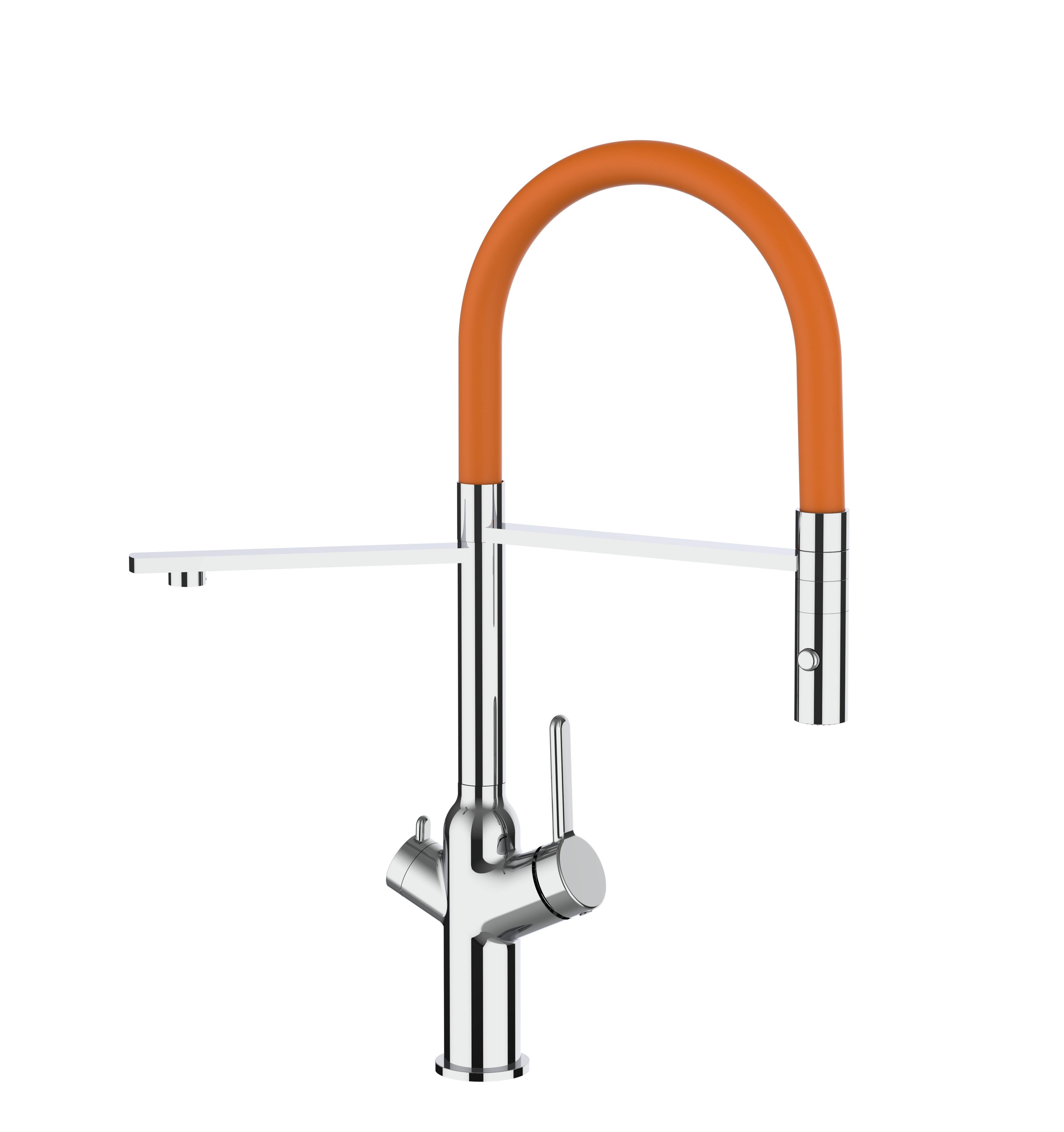 4 Wege Wasserhahn Küche Spültischarmatur chrom Küchenarmatur mit orange 360° schwenkbarem Auslauf und abnehmbare 2 strahl Handbrause - BOD Design