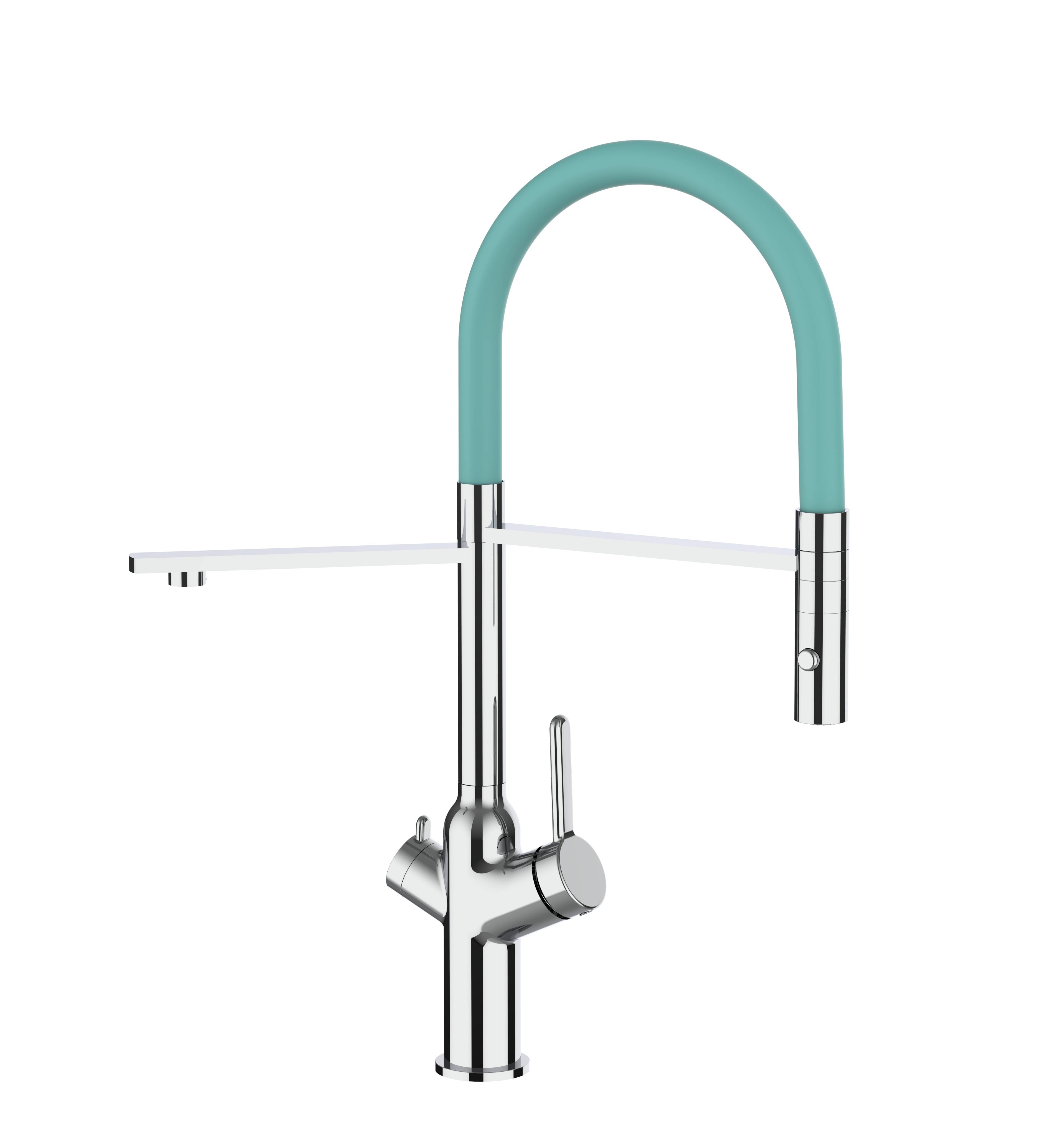 4 Wege Wasserhahn Küche Spültischarmatur chrom Küchenarmatur mit tuerkis 360° schwenkbarem Auslauf und abnehmbare 2 strahl Handbrause - BOD Design