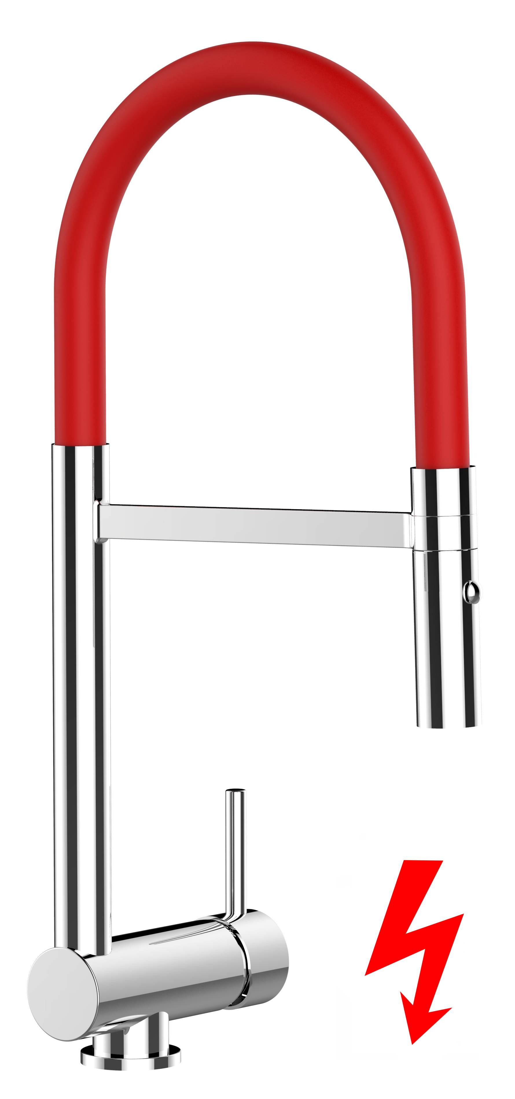 NIEDERDRUCK Unterfenster Wasserhahn Vorfenster Umklappbar 6 CM chrom Küchenarmatur mit 360° schwenkbarem rot Auslauf und abnehmbare 2 strahl Handbra