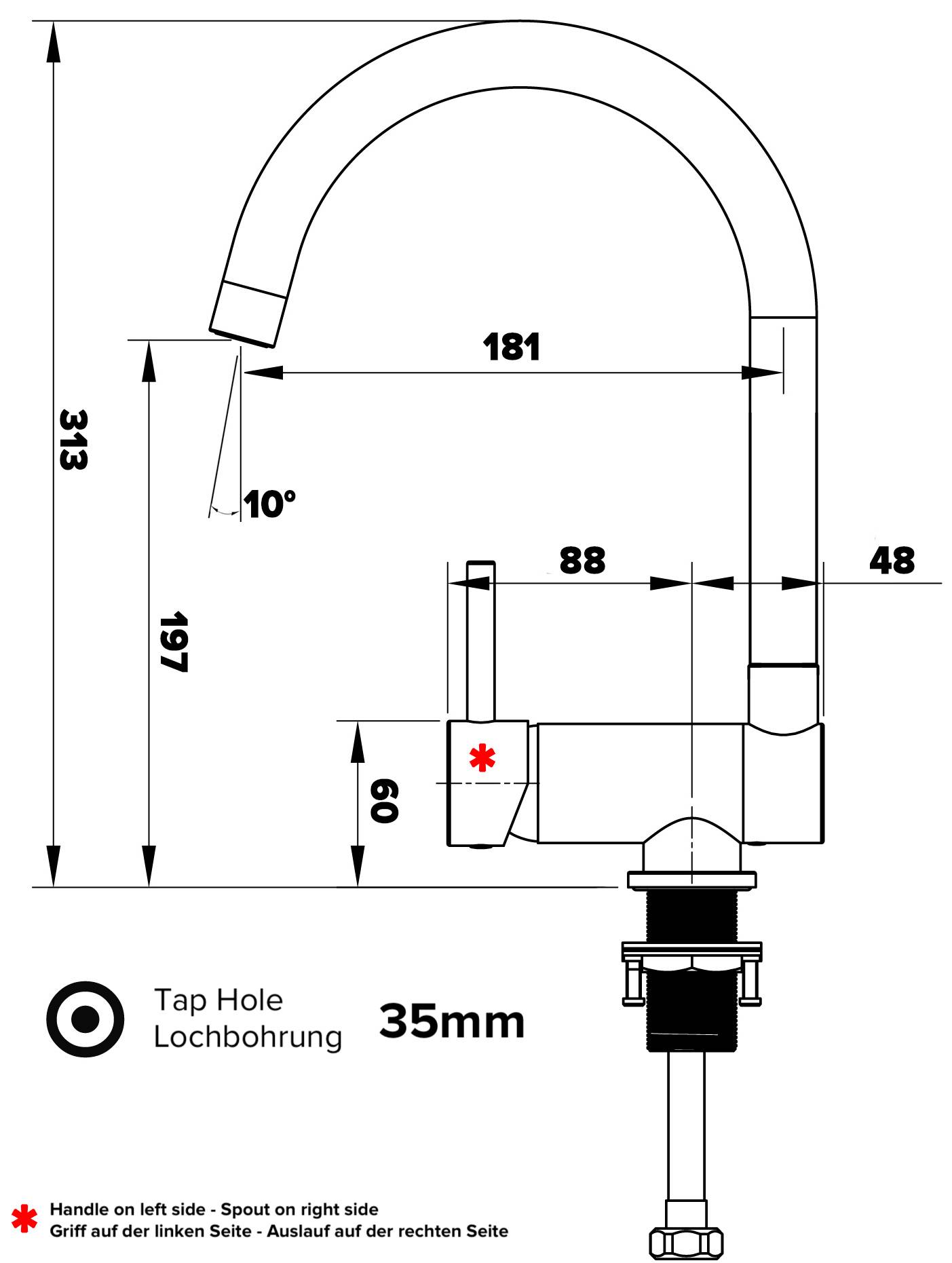 Unterfenster Wasserhahn Vorfenster Umklappbar 6 CM chrom Küchenarmatur mit 360° schwenkbarem U Auslauf - LINKER HEBEL