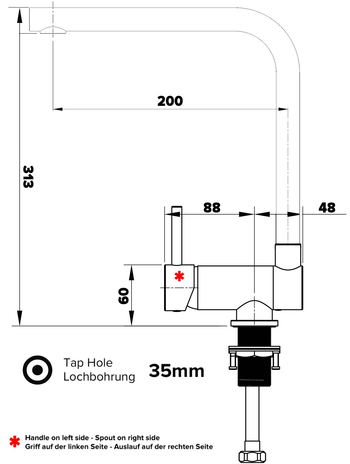 Unterfenster Wasserhahn Vorfenster Umklappbar 6 CM chrom Küchenarmatur mit 360° schwenkbarem L Auslauf - LINKER HEBEL