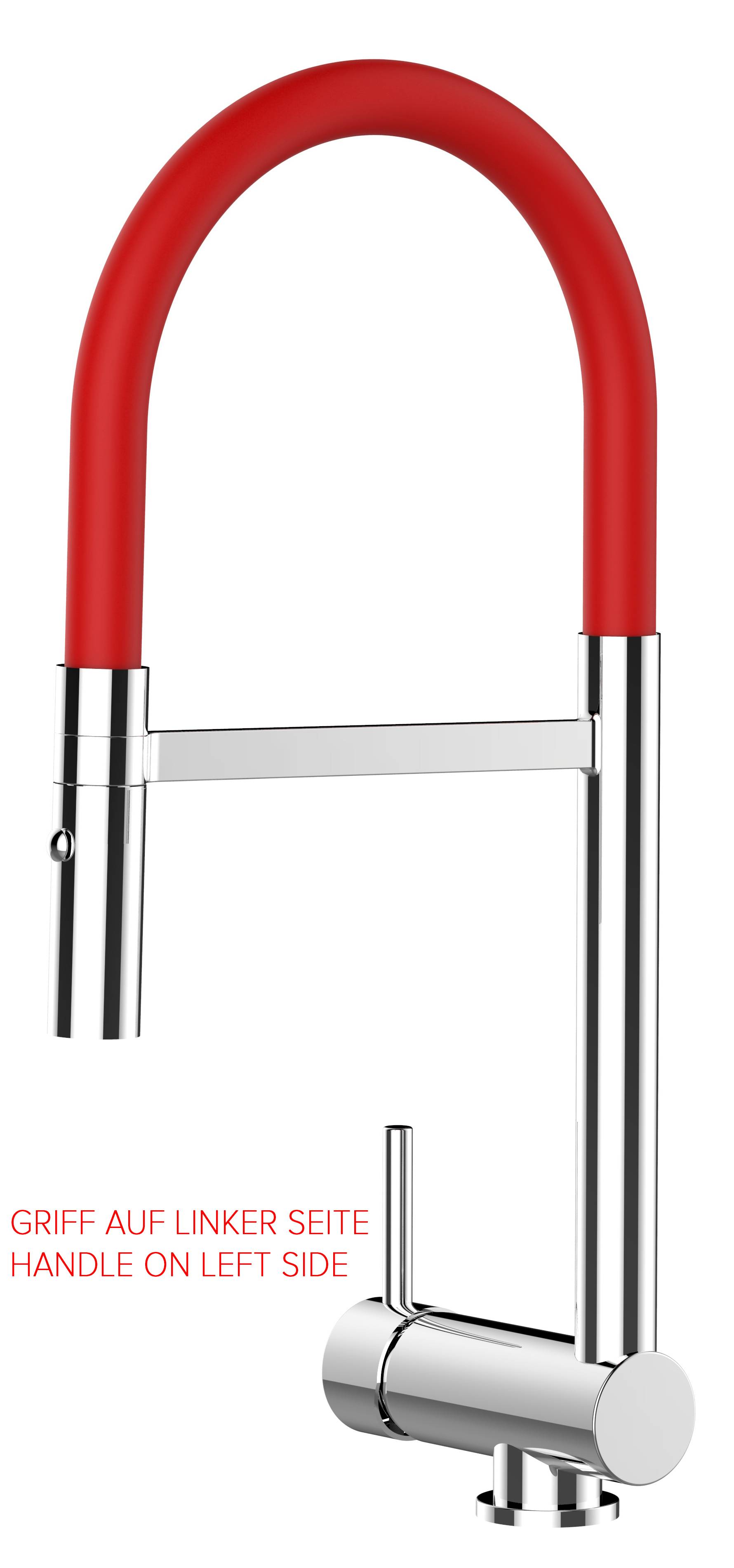 Unterfenster Wasserhahn Vorfenster Umklappbar 6 CM chrom Küchenarmatur mit 360° schwenkbarem rot Auslauf und abnehmbare 2 strahl Handbrause - LINKER