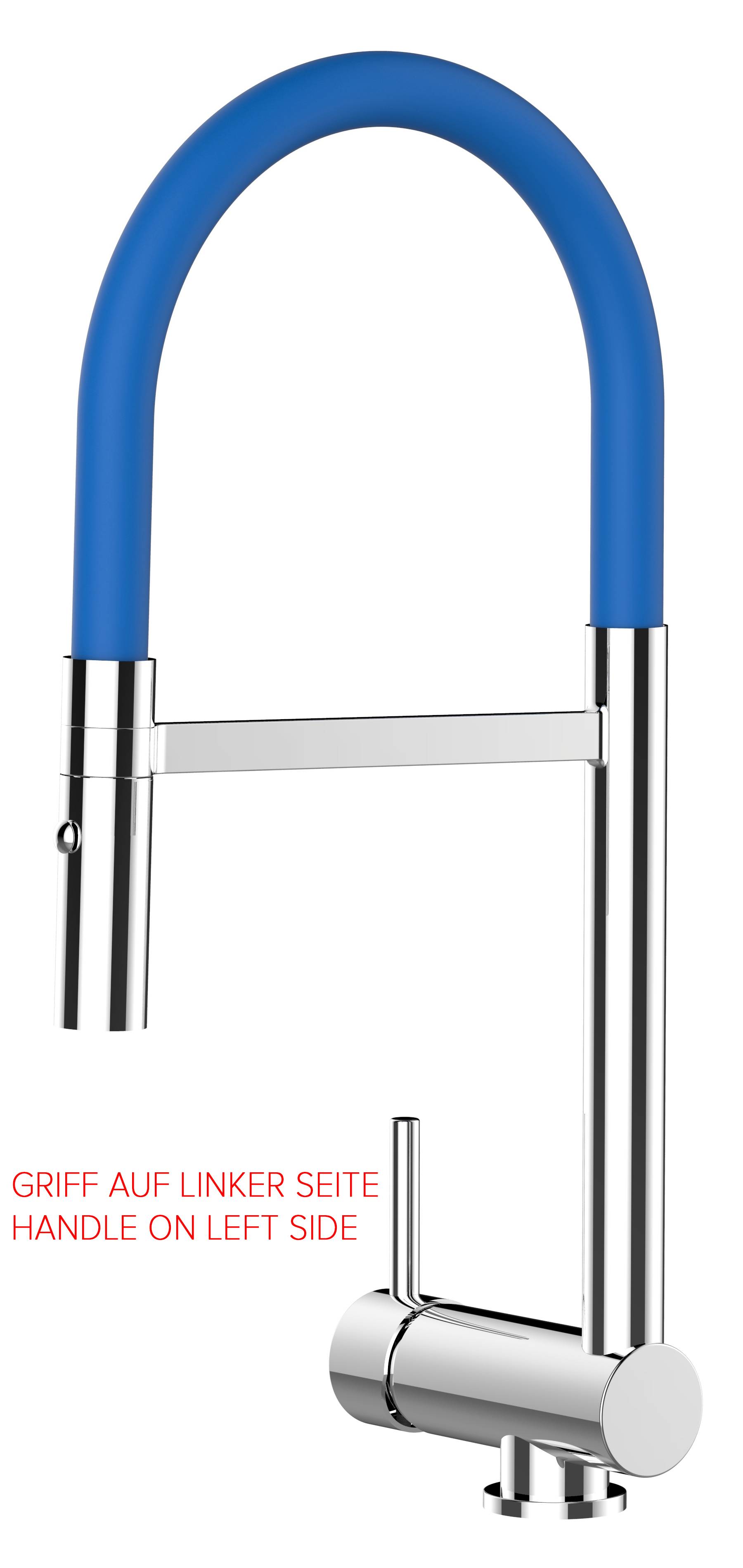Unterfenster Wasserhahn Vorfenster Umklappbar 6 CM chrom Küchenarmatur mit 360° schwenkbarem blau Auslauf und abnehmbare 2 strahl Handbrause - LINKE