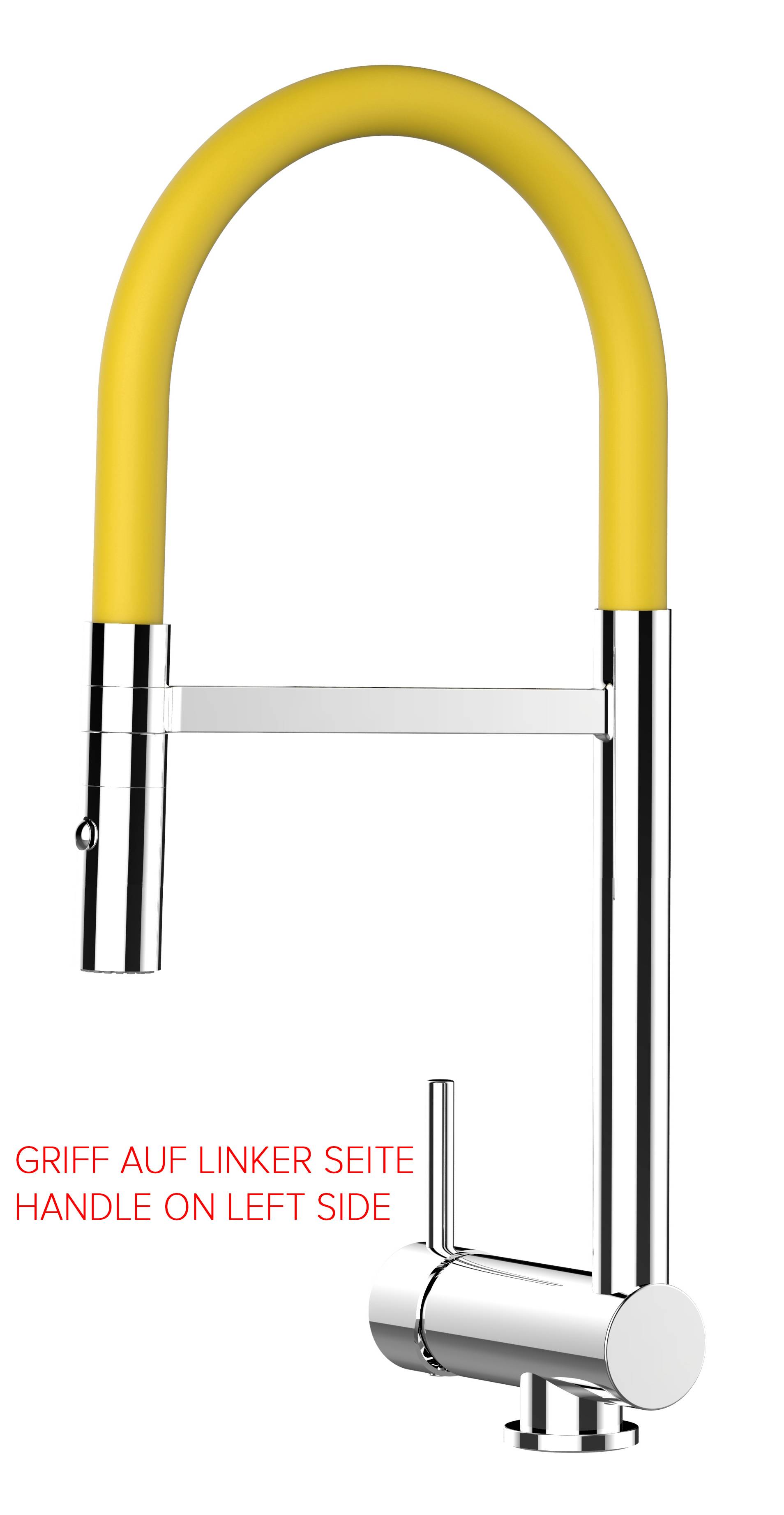 Unterfenster Wasserhahn Vorfenster Umklappbar 6 CM chrom Küchenarmatur mit 360° schwenkbarem gelb Auslauf und abnehmbare 2 strahl Handbrause - LINKE