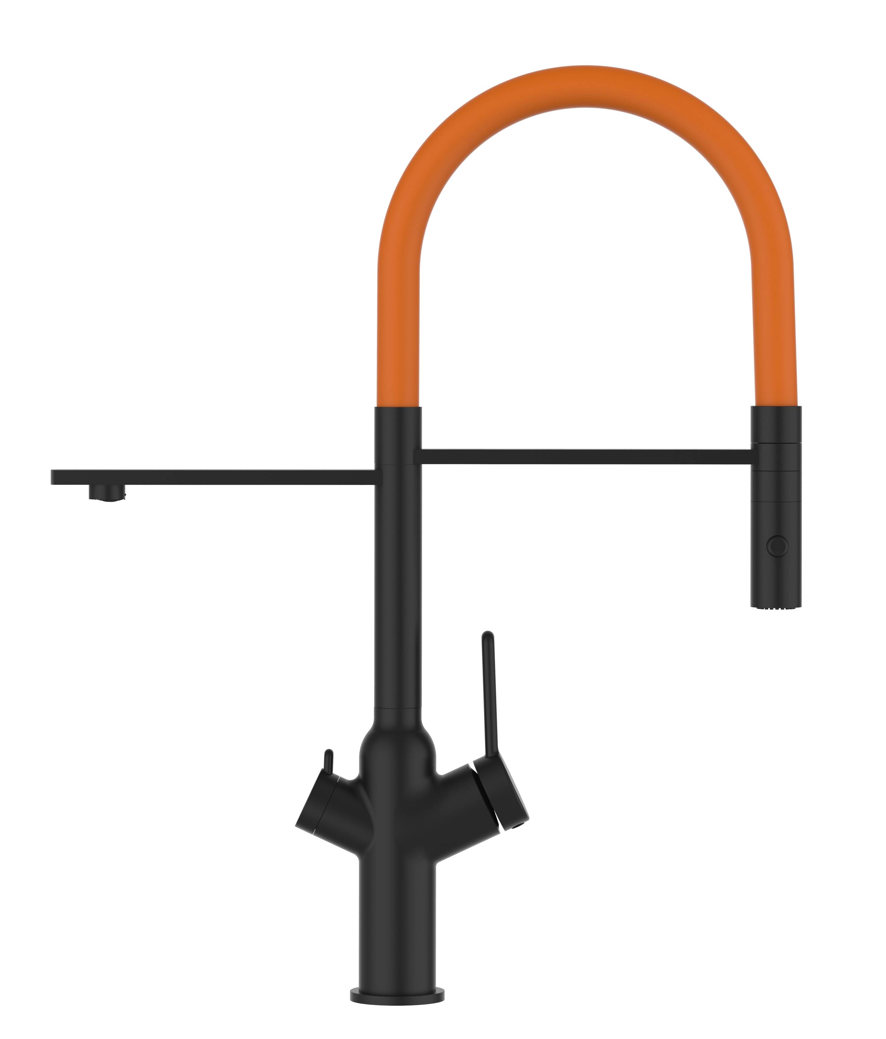 3 Wege Wasserhahn Küche Spültischarmatur chrom schwarz matt Küchenarmatur mit orange 360° schwenkbarem Auslauf und abnehmbare 2 strahl Handbrause