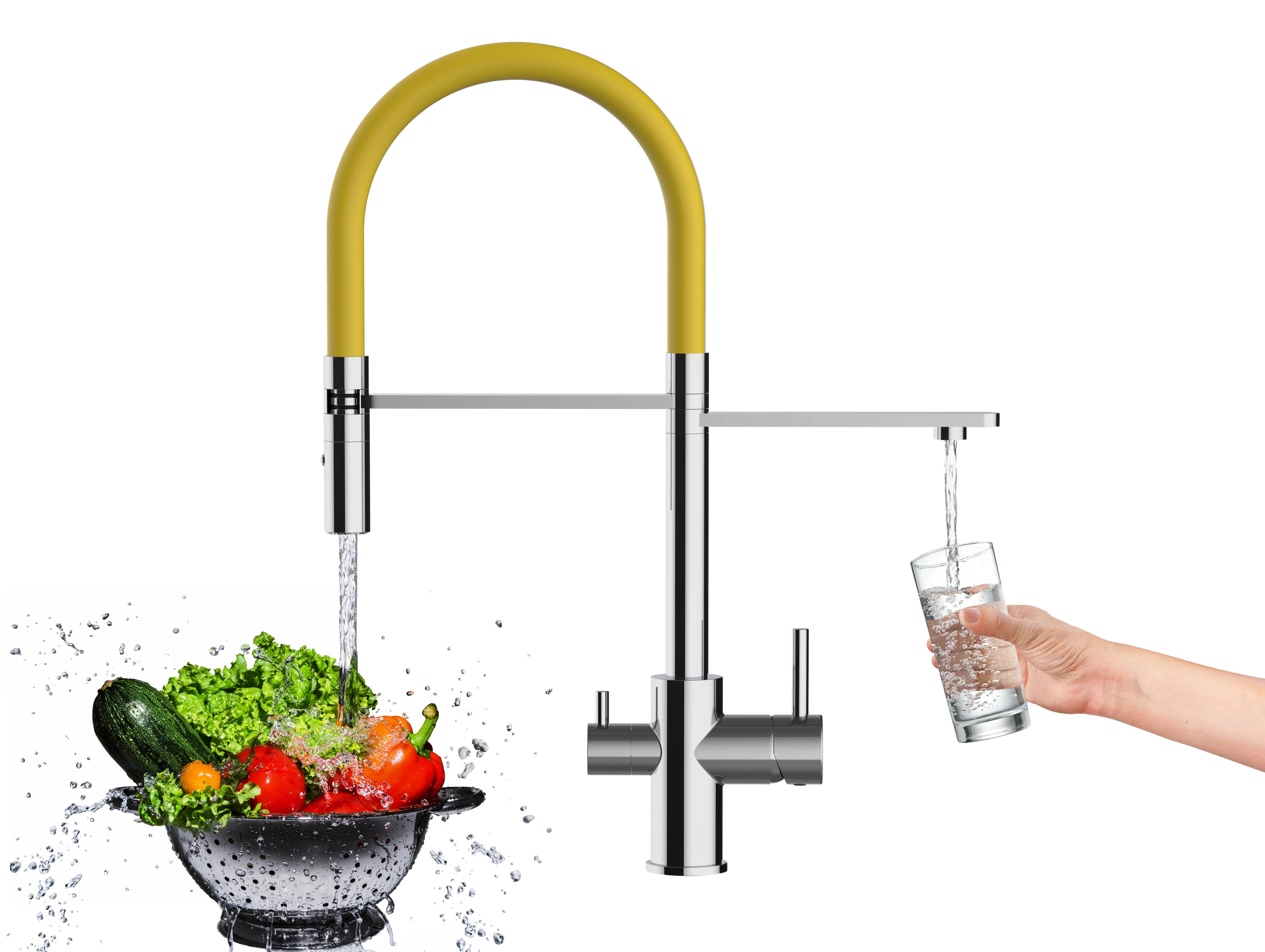 3 Wege Wasserhahn Küche Spültischarmatur chrom Küchenarmatur mit gelb 360° schwenkbarem Auslauf und abnehmbare 2 strahl Handbrause
