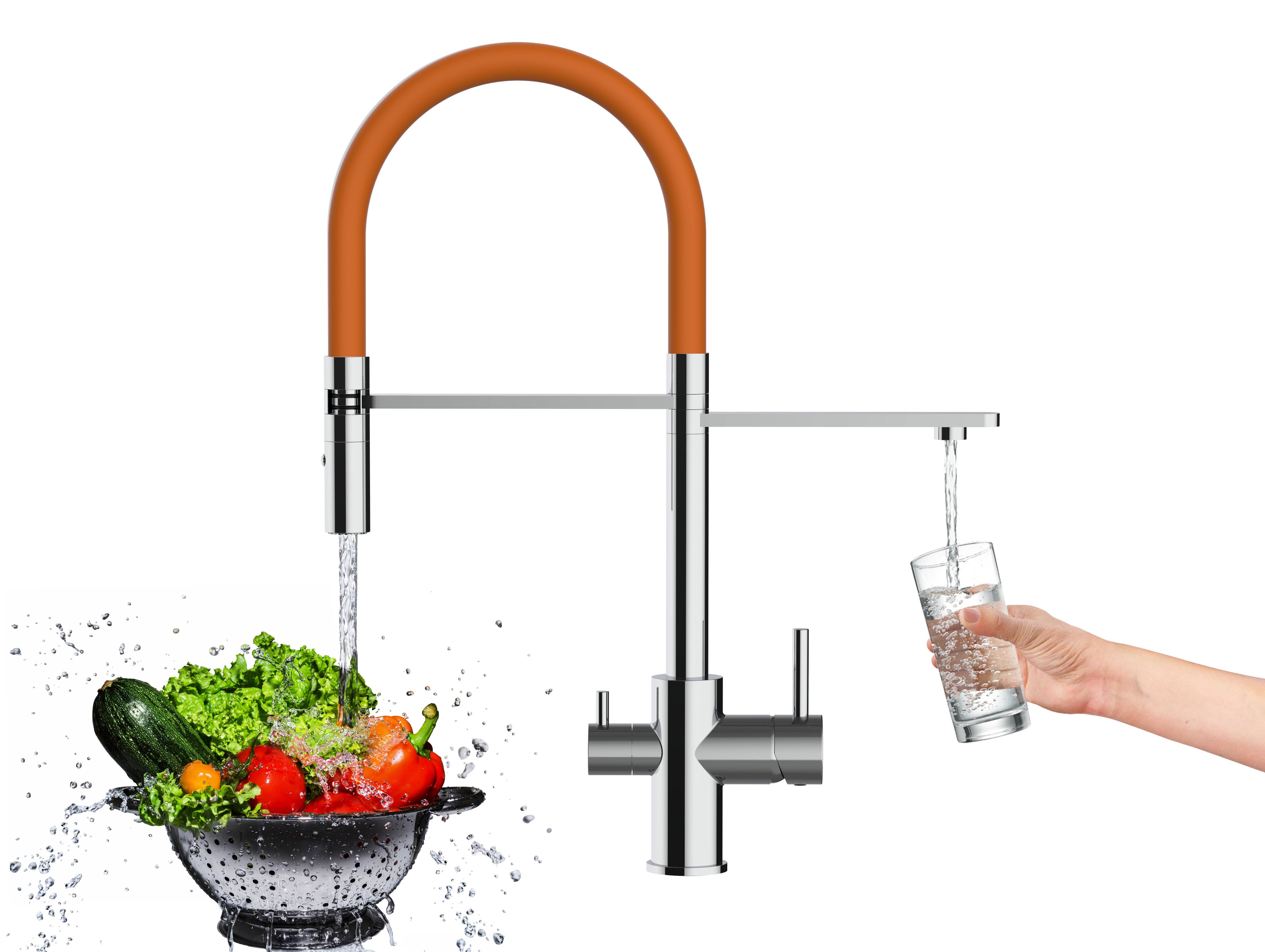 3 Wege Wasserhahn Küche Spültischarmatur chrom Küchenarmatur mit orange 360° schwenkbarem Auslauf und abnehmbare 2 strahl Handbrause
