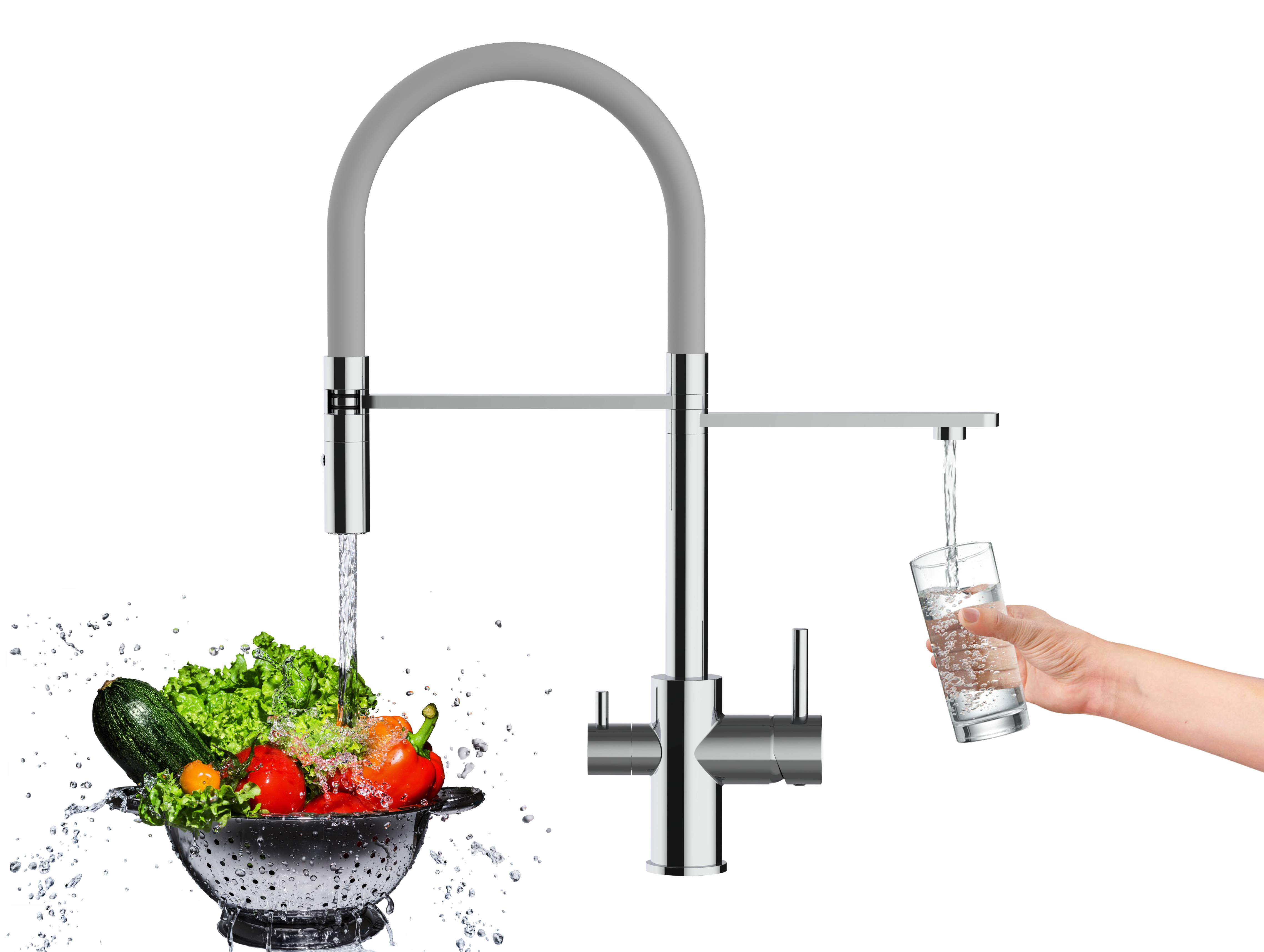 3 Wege Wasserhahn Küche Spültischarmatur chrom Küchenarmatur mit grau 360° schwenkbarem Auslauf und abnehmbare 2 strahl Handbrause