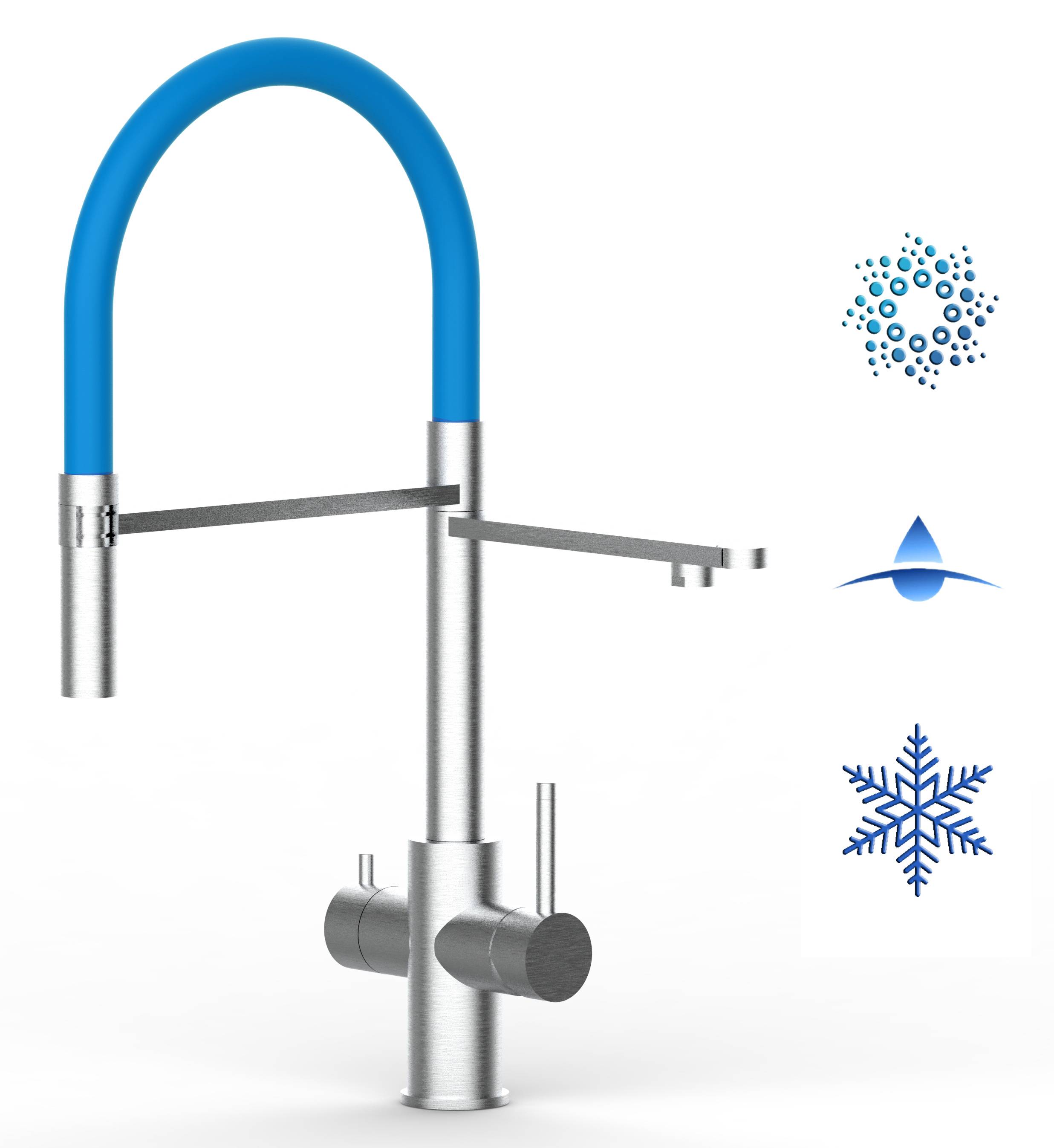 5 Wege Wasserhahn Edelstahl Massiv Küchenarmatur mit hellblau 360° schwenkbarem Auslauf und abnehmbare 2 strahl Handbrause - Geburstet