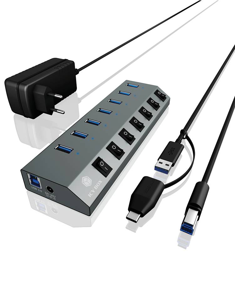 IB-HUB1701-C3, 7 Port USB 3.0 Type-A Hub, Aluminium Gehäuse, mit 7x USB Type-A, Type-A + Type-C Host, An-/Ausschalter