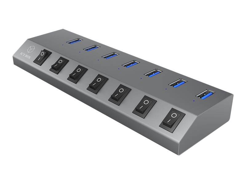 Eine graue Steckdosenleiste mit sechs schwarzen Ein-/Ausschaltern und sechs blauen USB-Anschlüssen in einer Reihe angeordnet.