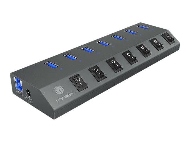 Ein schwarzer Icy Box USB-Hub mit sieben blau beleuchteten USB-Anschlüssen und individuellen Ein-/Aus-Schaltern für jeden Anschluss.