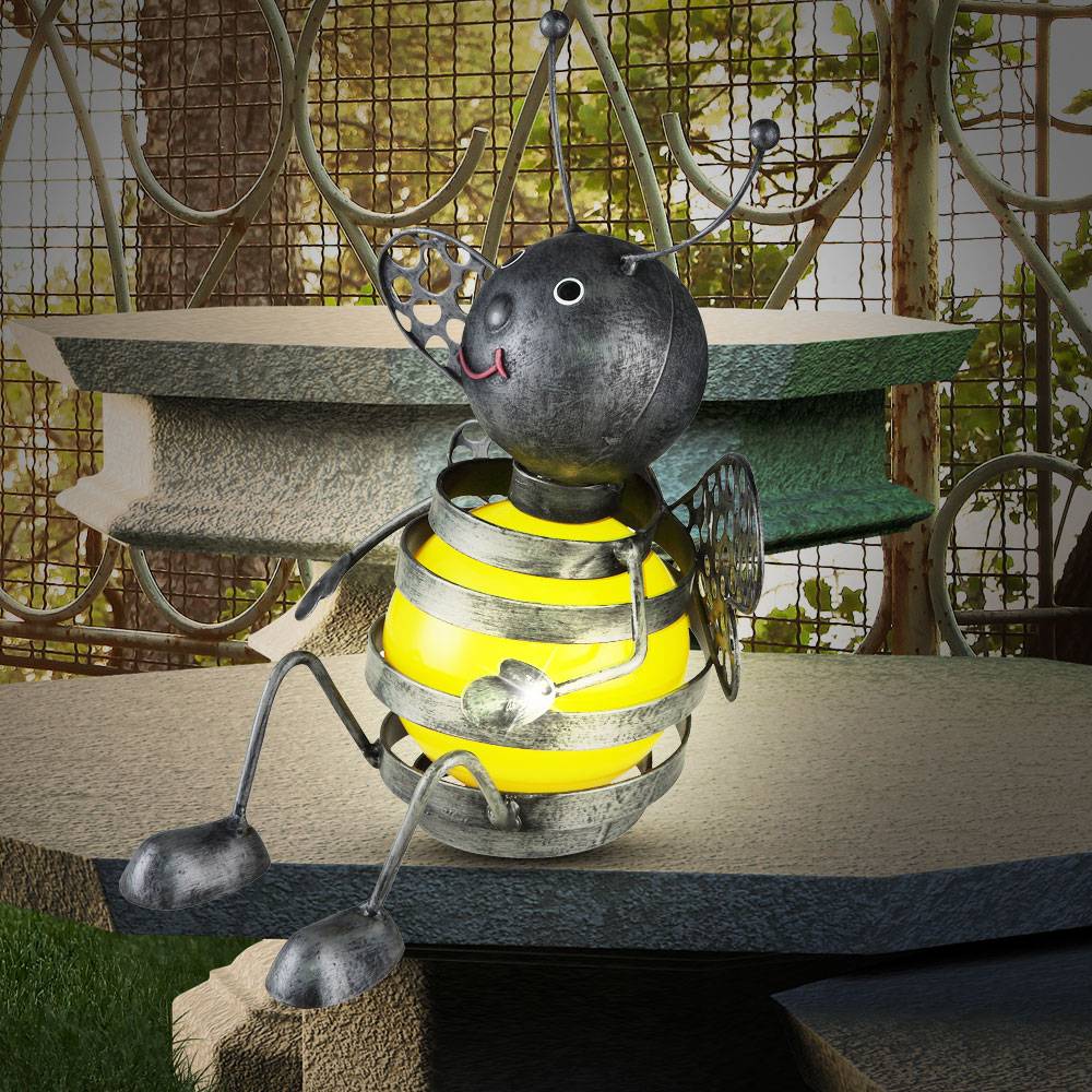 Solar Figuren für Außen Deko Feenhaus Gartendeko Fliegenpilz Lampe Biene Figur Garten, Metall Kunststoff, LED, 2er Set