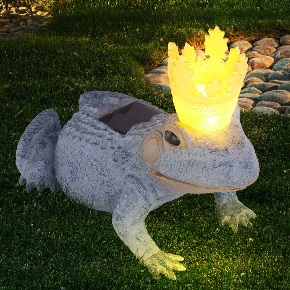 LED Außen Solar Leuchte Frosch König Garten Deko Beleuchtung Steh Lampe grau gold