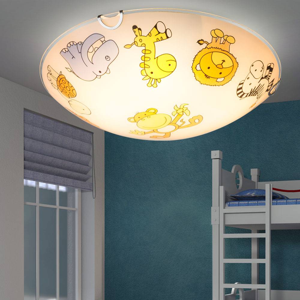 Kinderleuchte Deckenlampe Glas Kinderzimmerlampe rund, Glas bunt mit Tiermotiven, 2x E27, DxH 30x6,5 cm