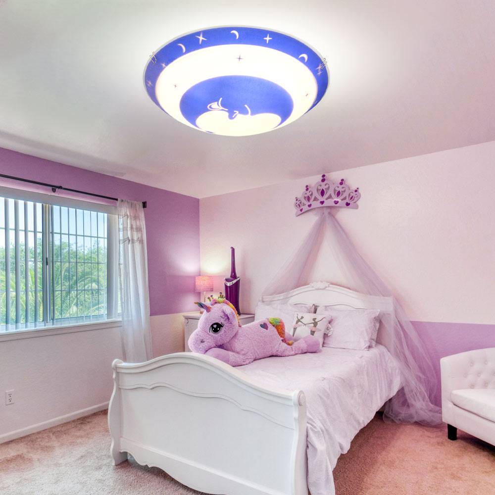 Deckenleuchte Kinderzimmer Glas Kinder Schlafzimmerleuchte Sterne Baby Kinderleuchte Deckenlampe Mond blau, Metall, 1x E27, DxH 30x9