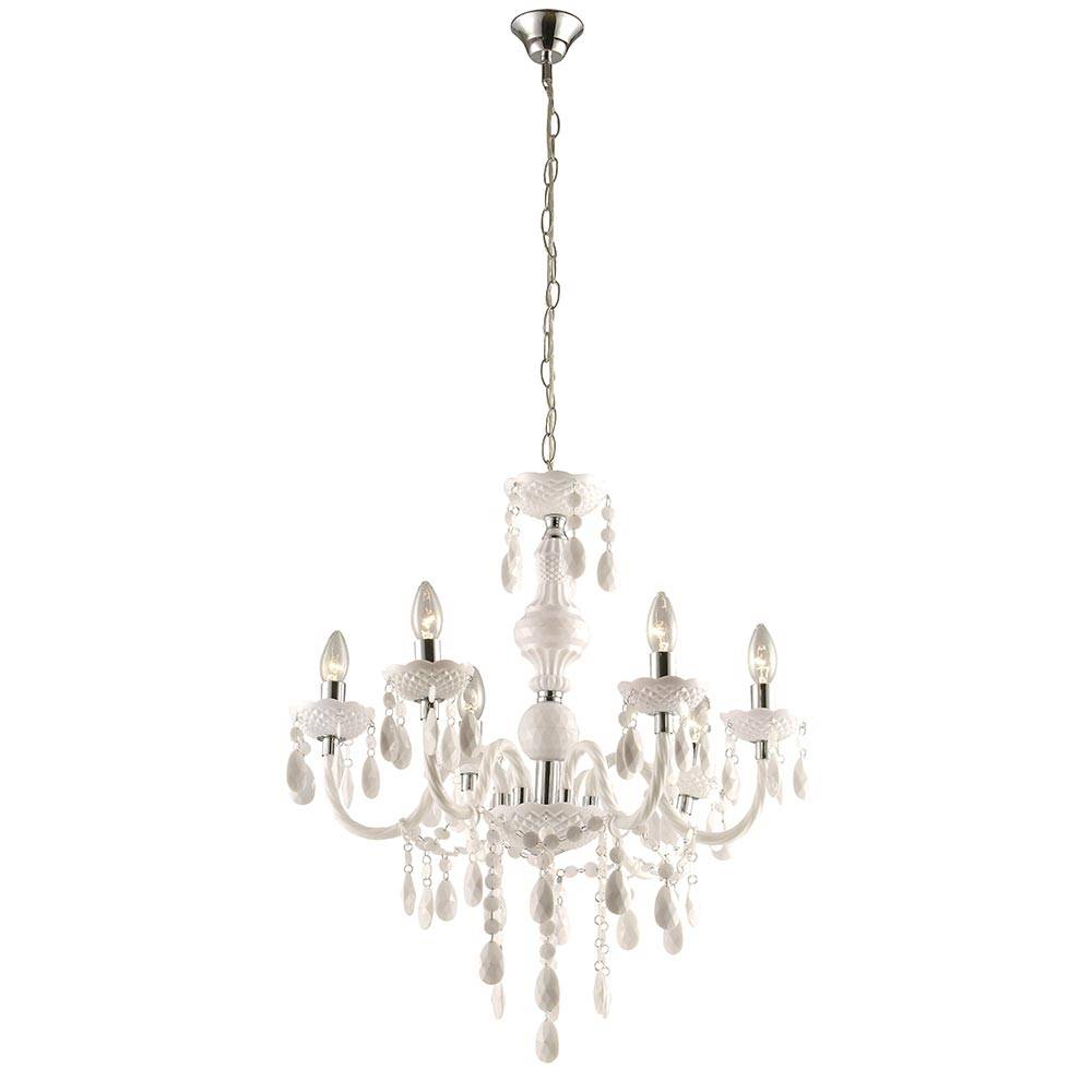 Kronleuchter Kristalle Hängeleuchte 6 Flammig Pendelleuchte Lüster weiß, Kristallbehang Chromakzente, 6x E14 Fassungen, DxH 67x166 cm