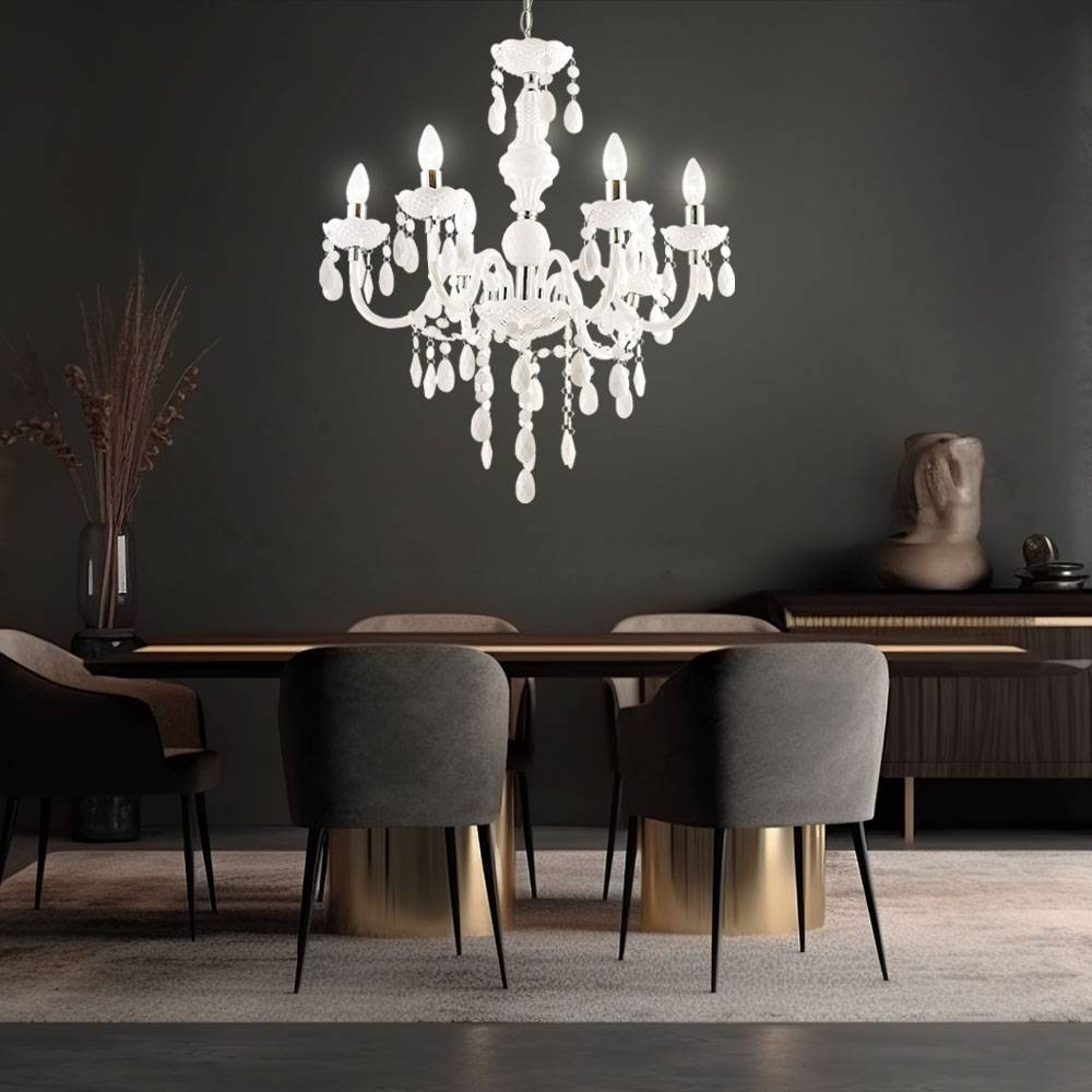 Kronleuchter Kristalle Hängeleuchte 6 Flammig Pendelleuchte Lüster weiß, Kristallbehang Chromakzente, 6x E14 Fassungen, DxH 67x166 cm
