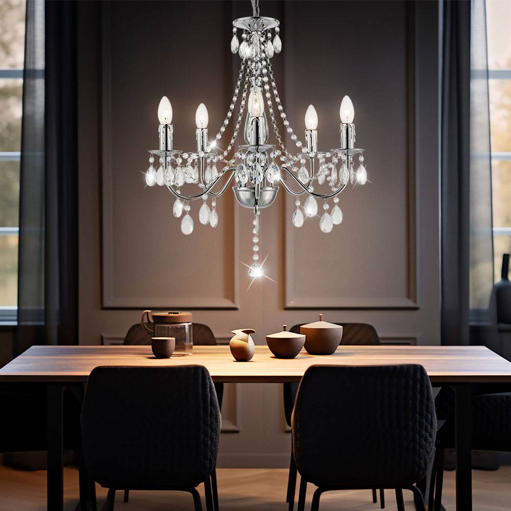 Kronleuchter Hängelampe Pendelleuchte Wohnzimmerlampe Esszimmerleuchte, Metall chrom Kristalle, 5 Flammig E14, DxH 51x143 cm
