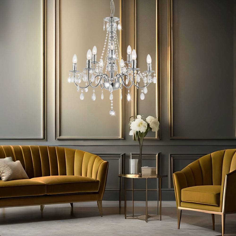 Design Chrom Kronleuchter Luster Hänge Lampe Decken Leuchte Kristall Behang klar