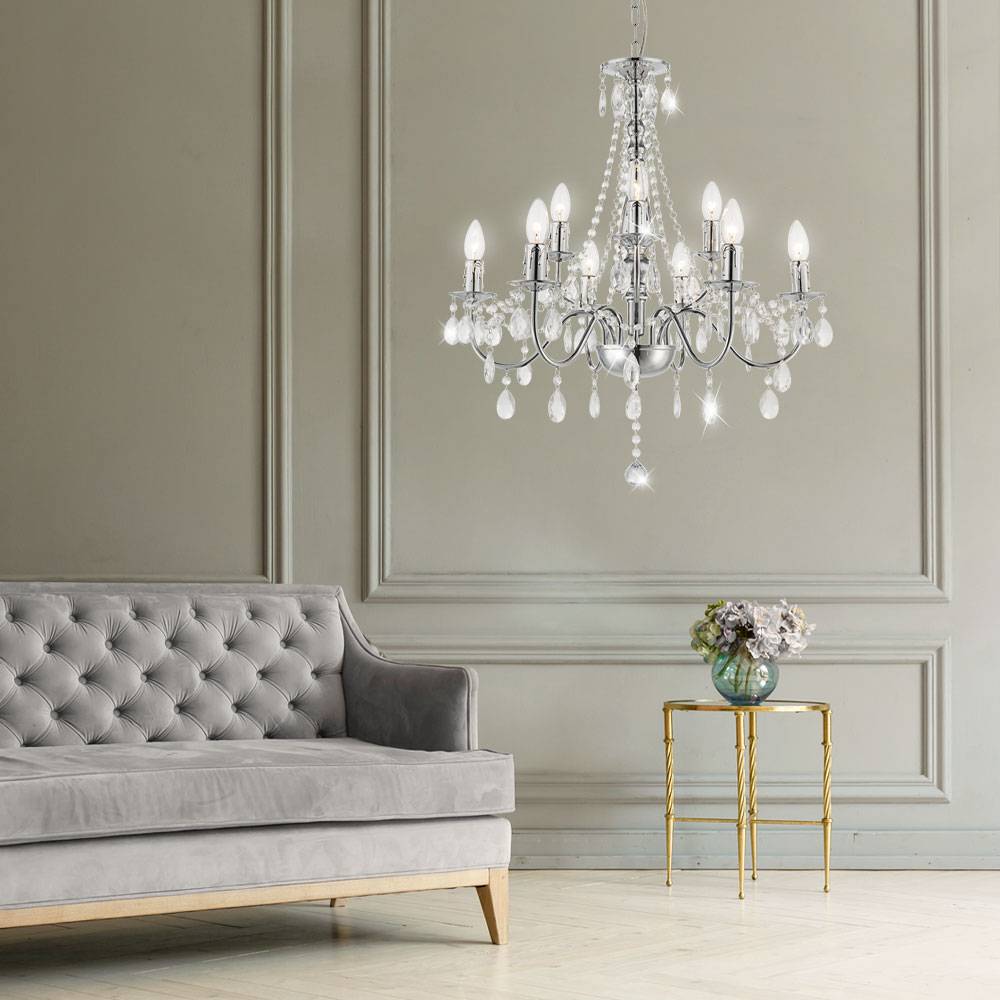 Pendelleuchte Kronleuchter Lüster Lampe Wohnzimmerleuchte, 9 flammig, Metall Chrom Klassisch, 9x E14 Fassungen, DxH 63x153 cm