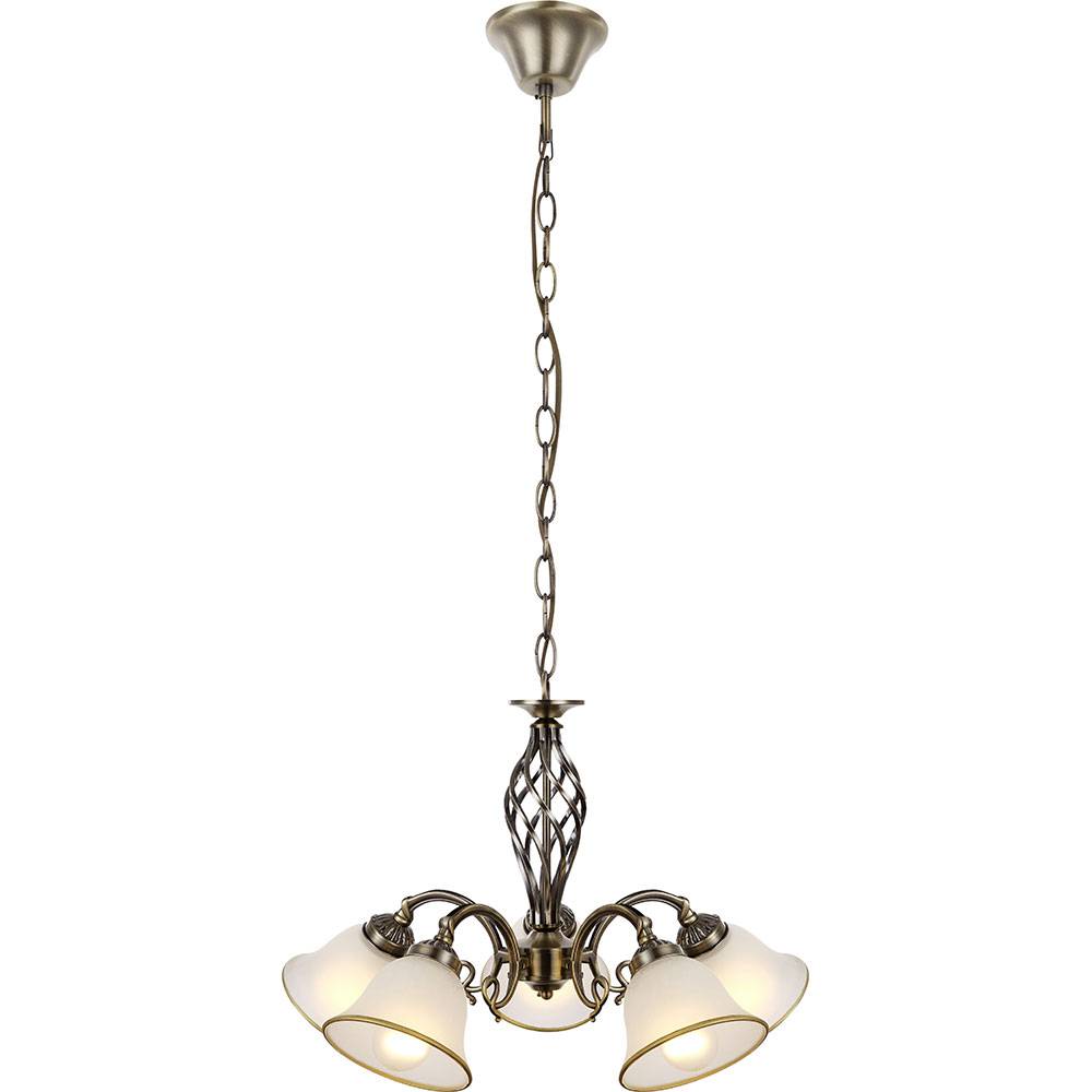 Hängelampe Kronleuchter Hängeleuchte Glasleuchte Esszimmer Lampe Altmessing, Metall Glas, 5 flammig, 5x E27 Fassungen, DxH 60x120 cm