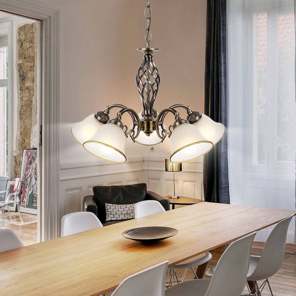 Hängeleuchte Hängelampe Kronleuchter Glasleuchte Esszimmer Lampe Altmessing, Metall Glas, 5 flammig, 5x E27 Fassungen, DxH 60x120 cm