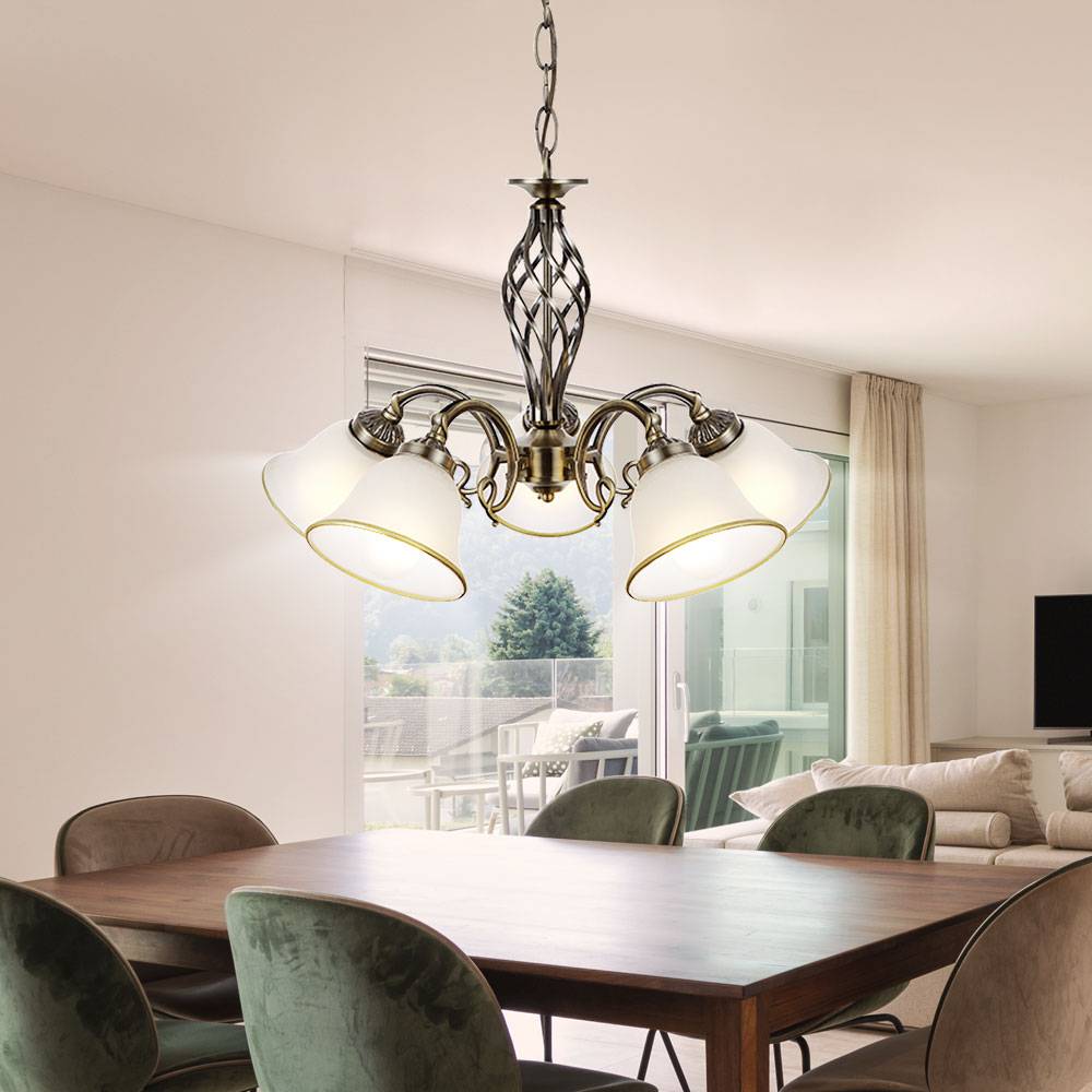 Hängelampe Kronleuchter Hängeleuchte Glasleuchte Esszimmer Lampe Altmessing, Metall Glas, 5 flammig, 5x E27 Fassungen, DxH 60x120 cm