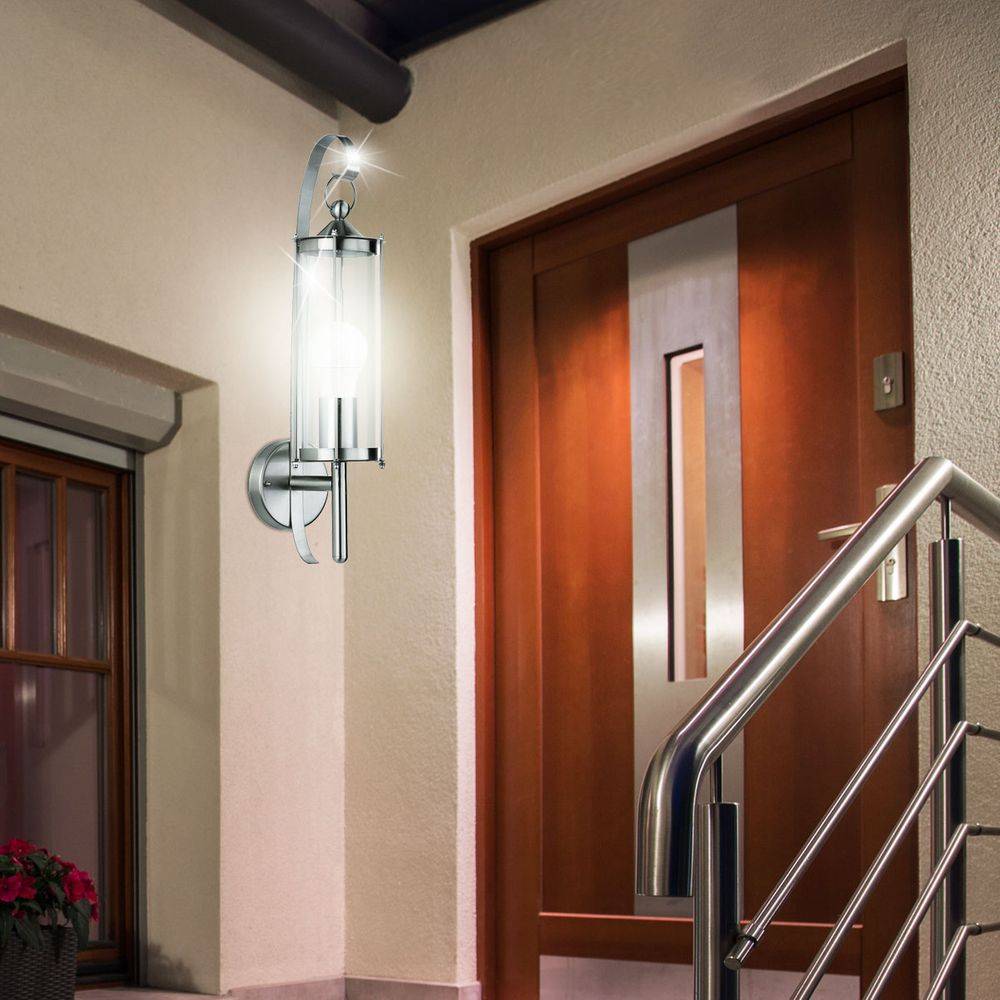 Außenlampe Wandleuchte Wandstrahler E27 Edelstahl Wandlampe Außen silber Spritzwasserfest Glas klar, E27 Fassung, DxBxT 11,4x52,5x15,5 cm